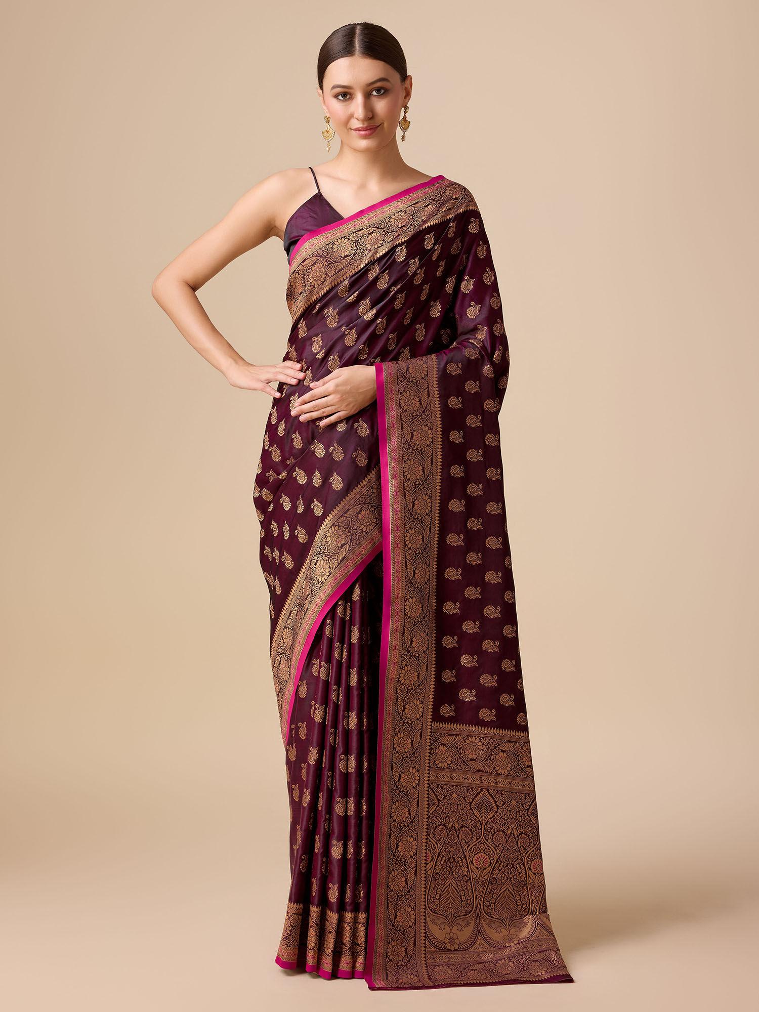 womens enchanting purple color banarasi silk saree with unstitched blouse piece