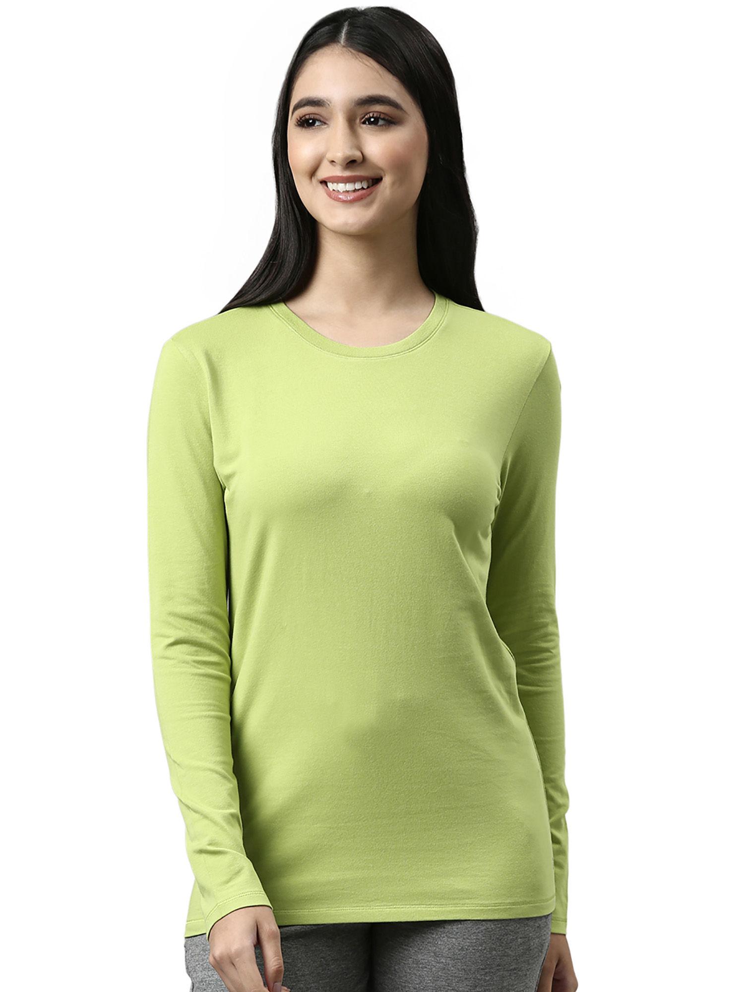 womens essentials e057-long sleeve round neck cotton lounge tshirt-green pear