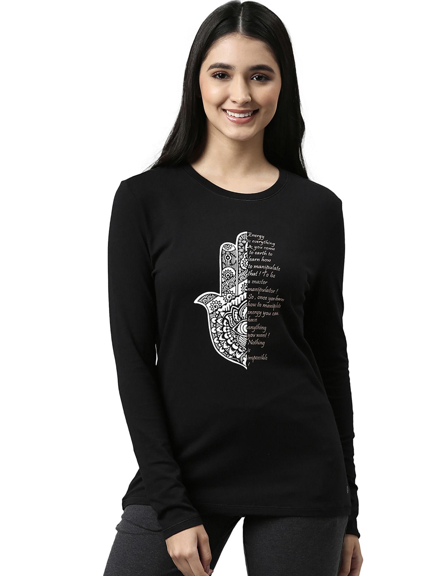 womens essentials e057-long sleeve round neck cotton lounge tshirt-jet black