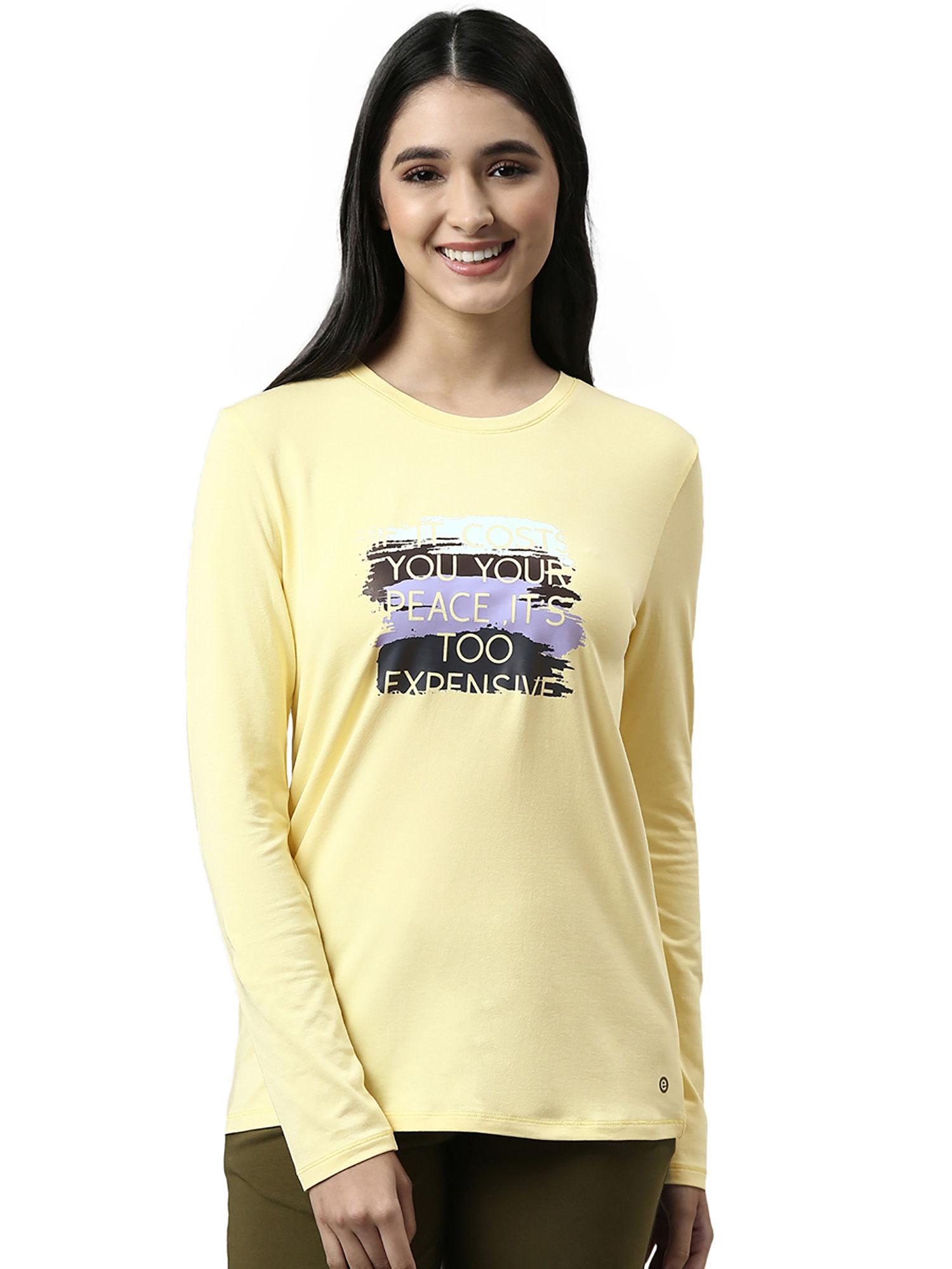 womens essentials e057-long sleeve round neck cotton lounge tshirt-lemon cream