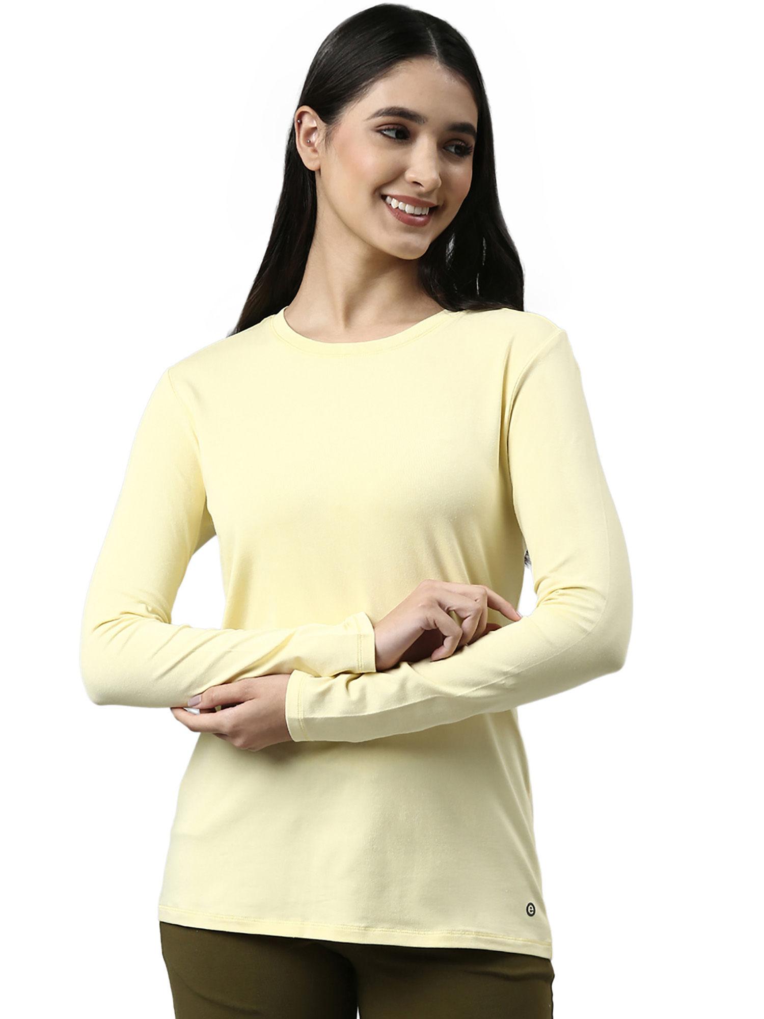 womens essentials e057-long sleeve round neck cotton lounge tshirt-lemon cream