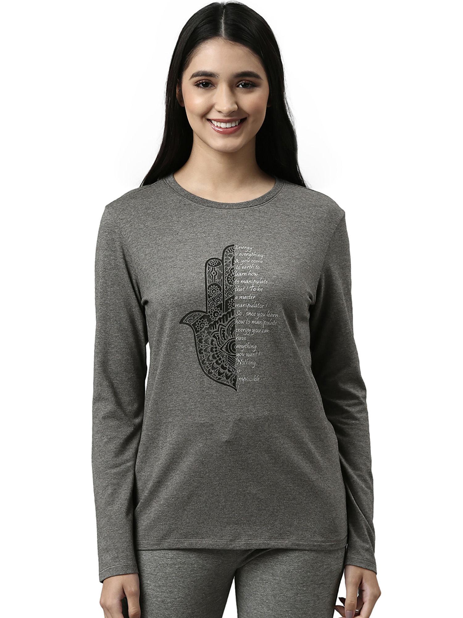 womens essentials e057-long sleeve round neck cotton lounge tshirt-medium grey melange