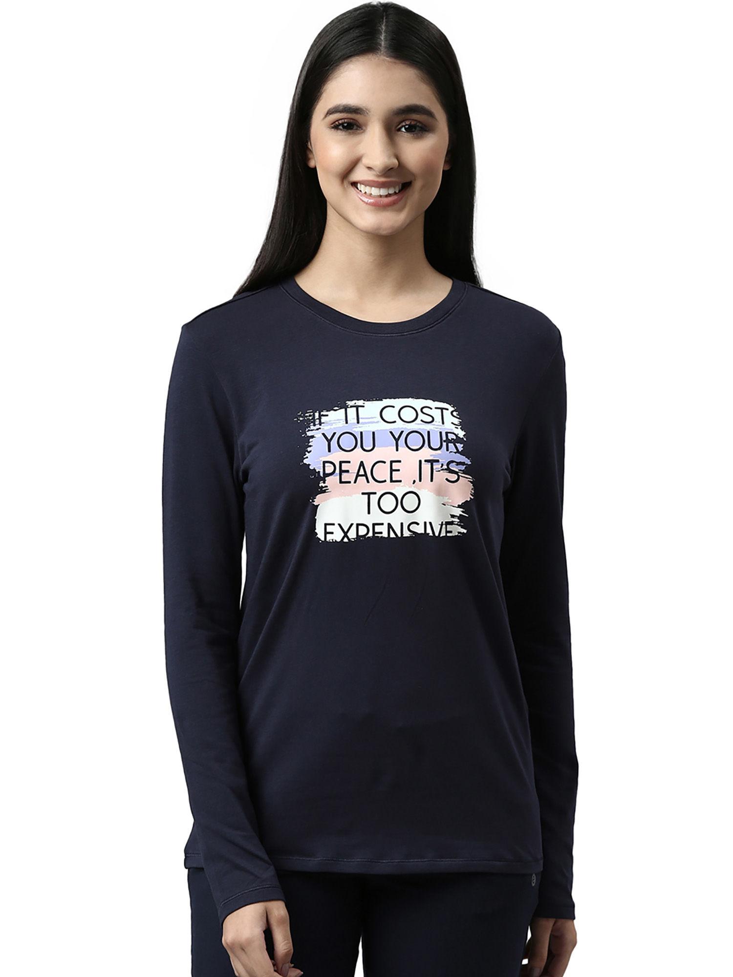 womens essentials e057-long sleeve round neck cotton lounge tshirt-navy