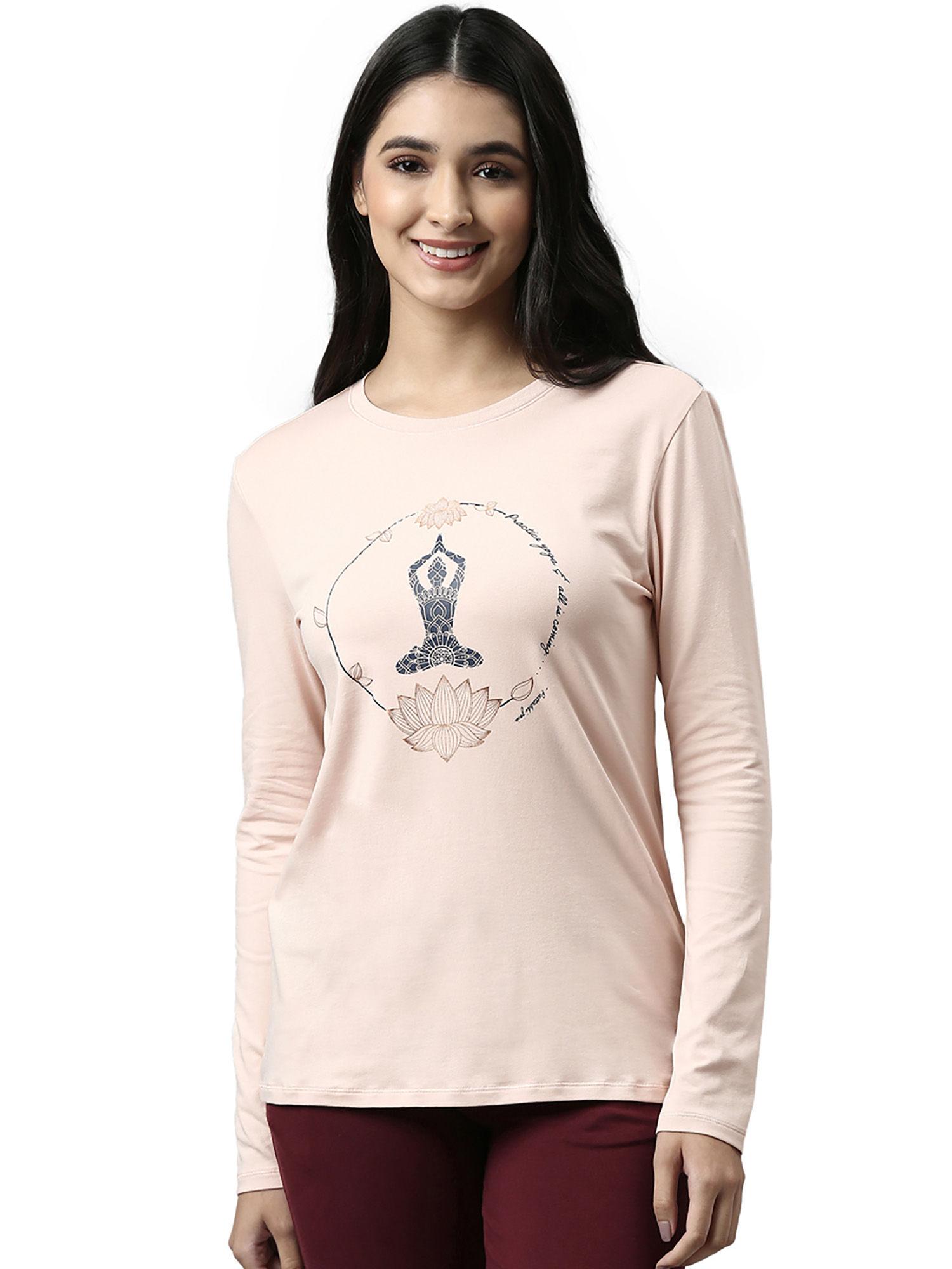 womens essentials e057-long sleeve round neck cotton lounge tshirt-rosewater