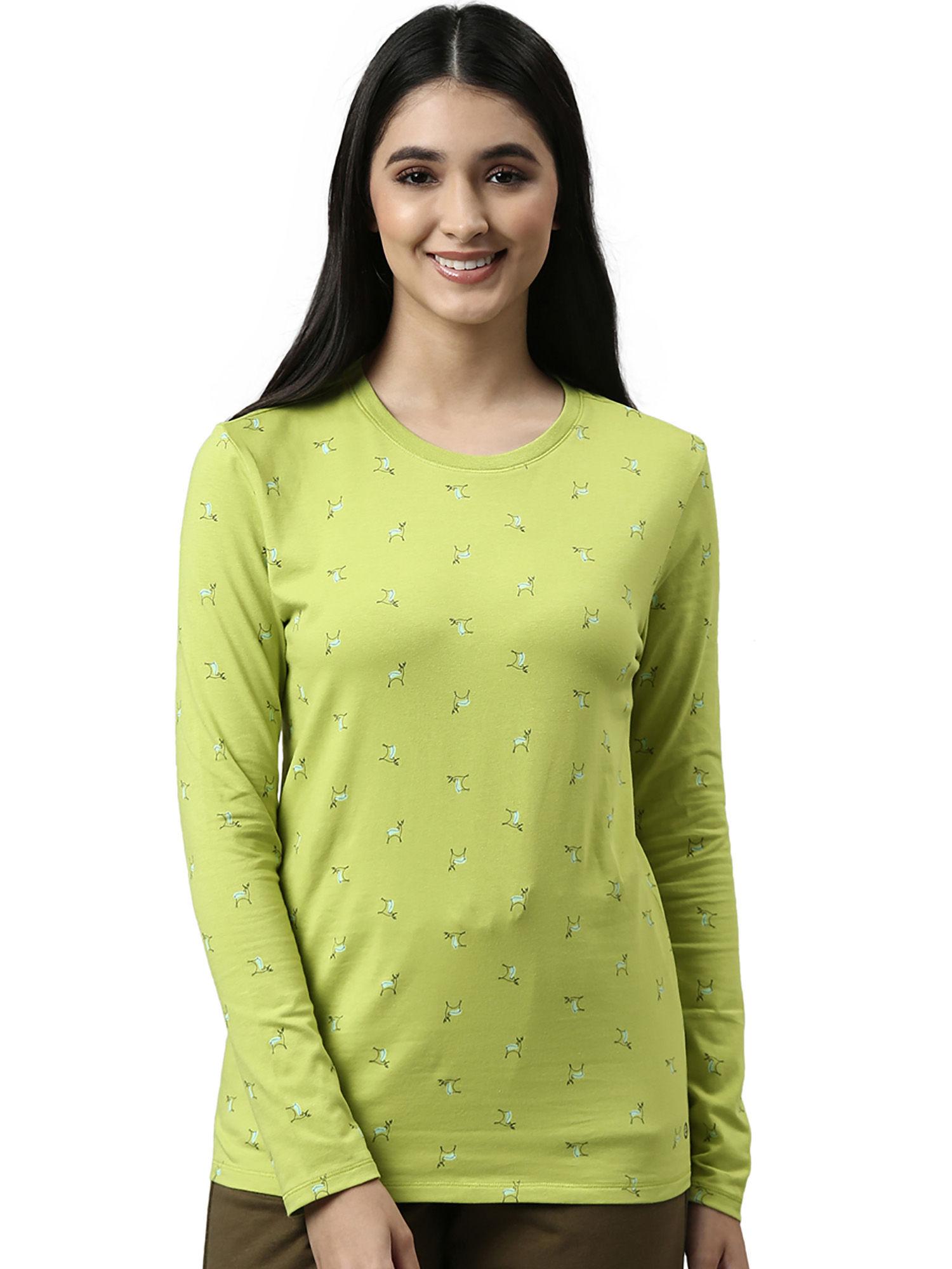 womens essentials e257-full sleeve crew neck cotton lounge t-shirt-green pea deer aop