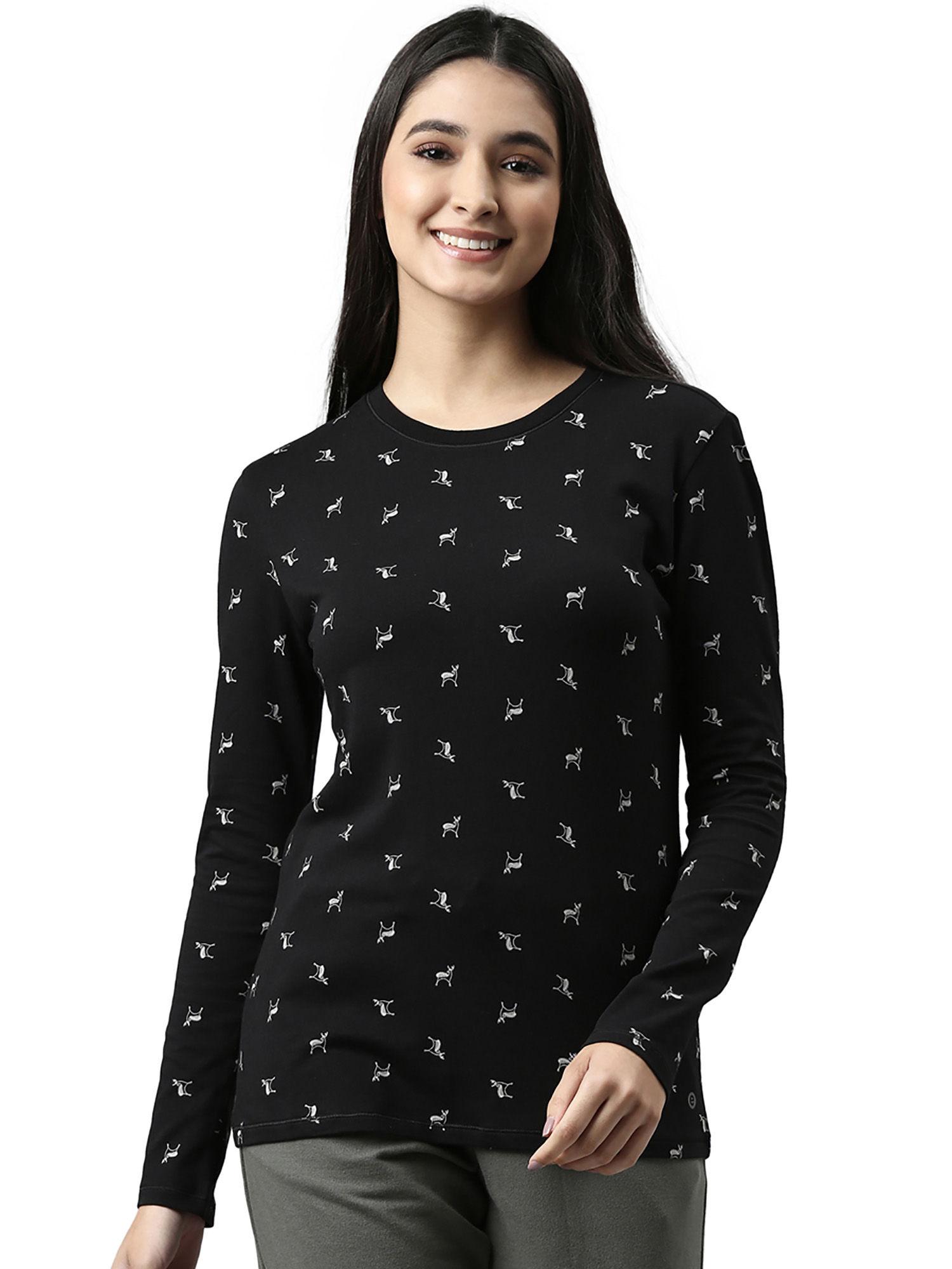 womens essentials e257-full sleeve crew neck cotton lounge t-shirt-jet black deer aop