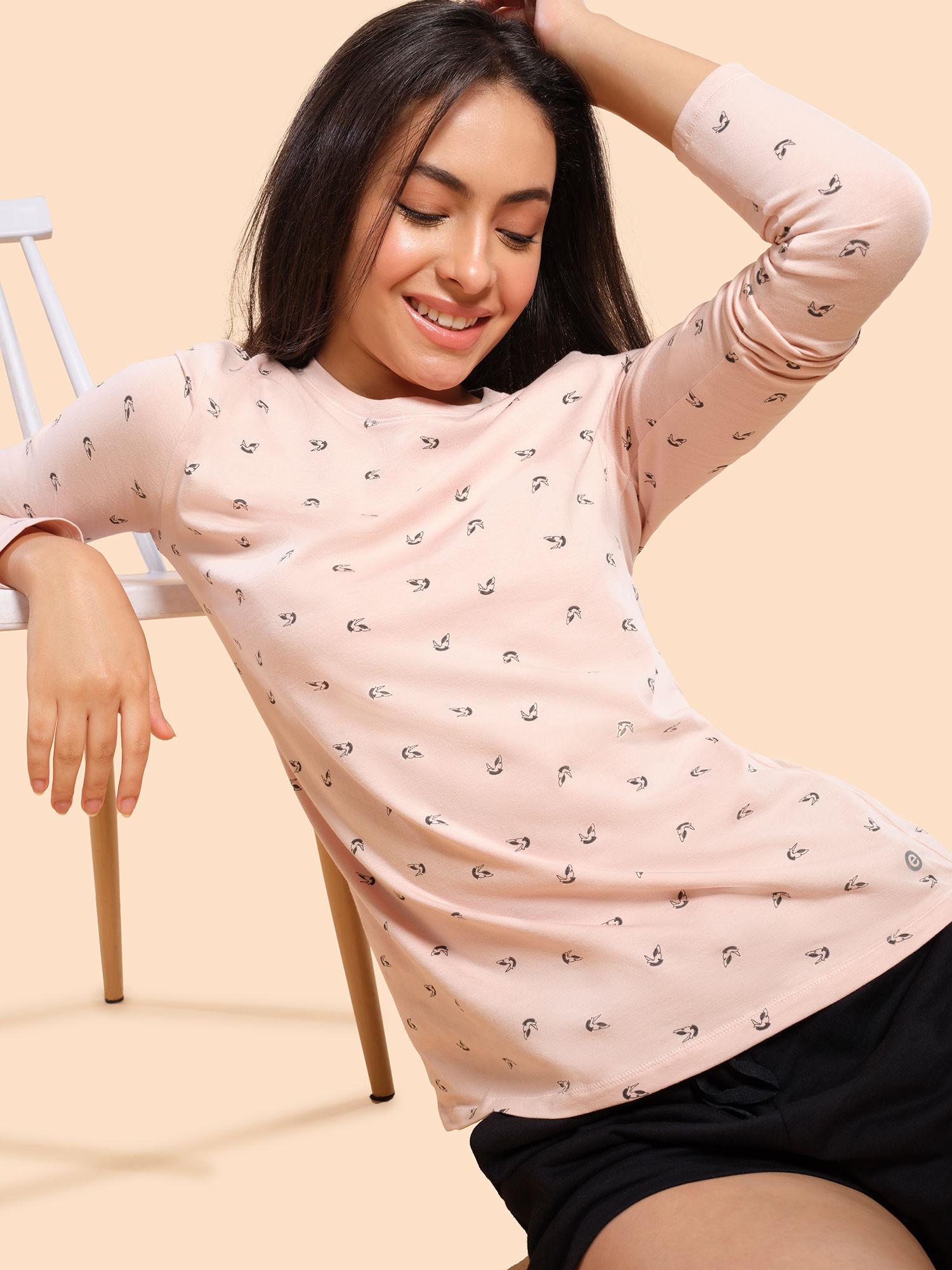 womens essentials e257-full sleeve crew neck cotton lounge t-shirt-rosewater bird aop