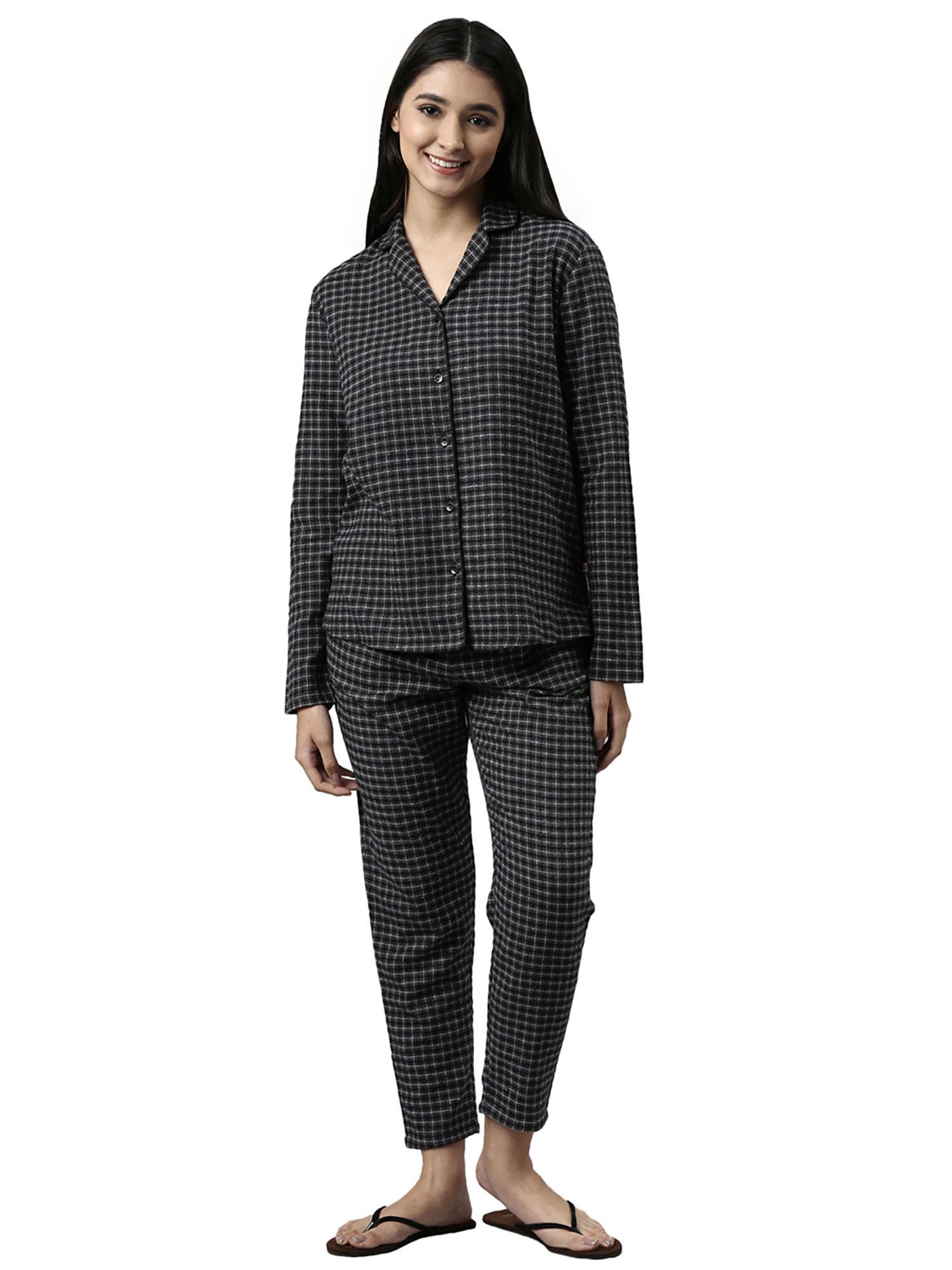 womens essentials ec20-cotton flannel woven lazy shirt and pant set-charcoal plaid aop