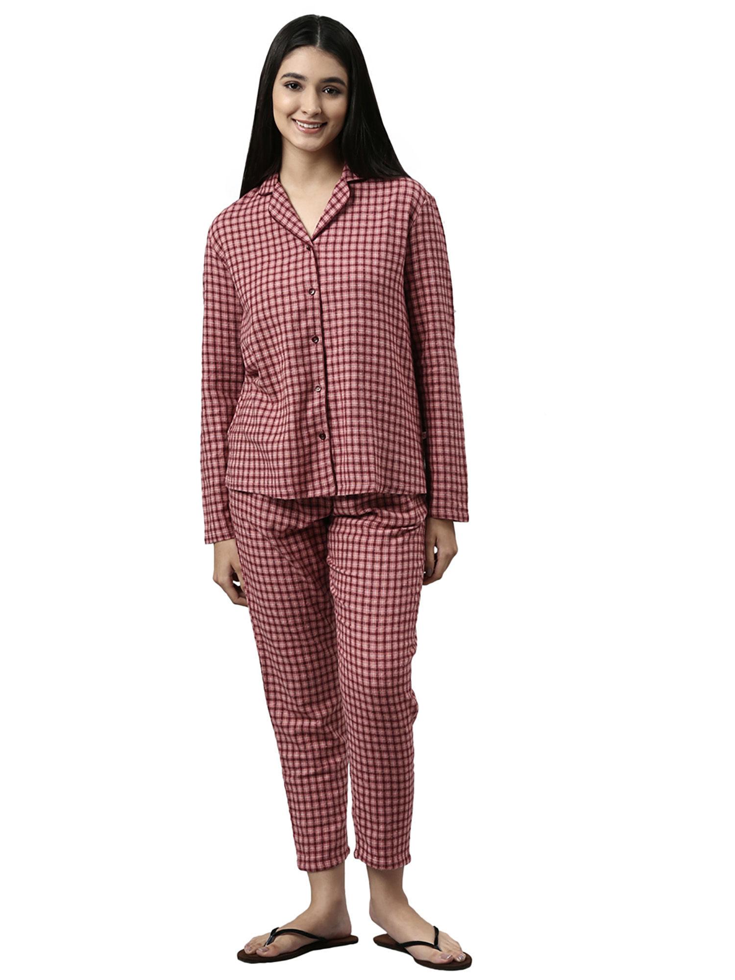 womens essentials ec20-cotton flannel woven lazy shirt and pant set-rosewater plaid aop