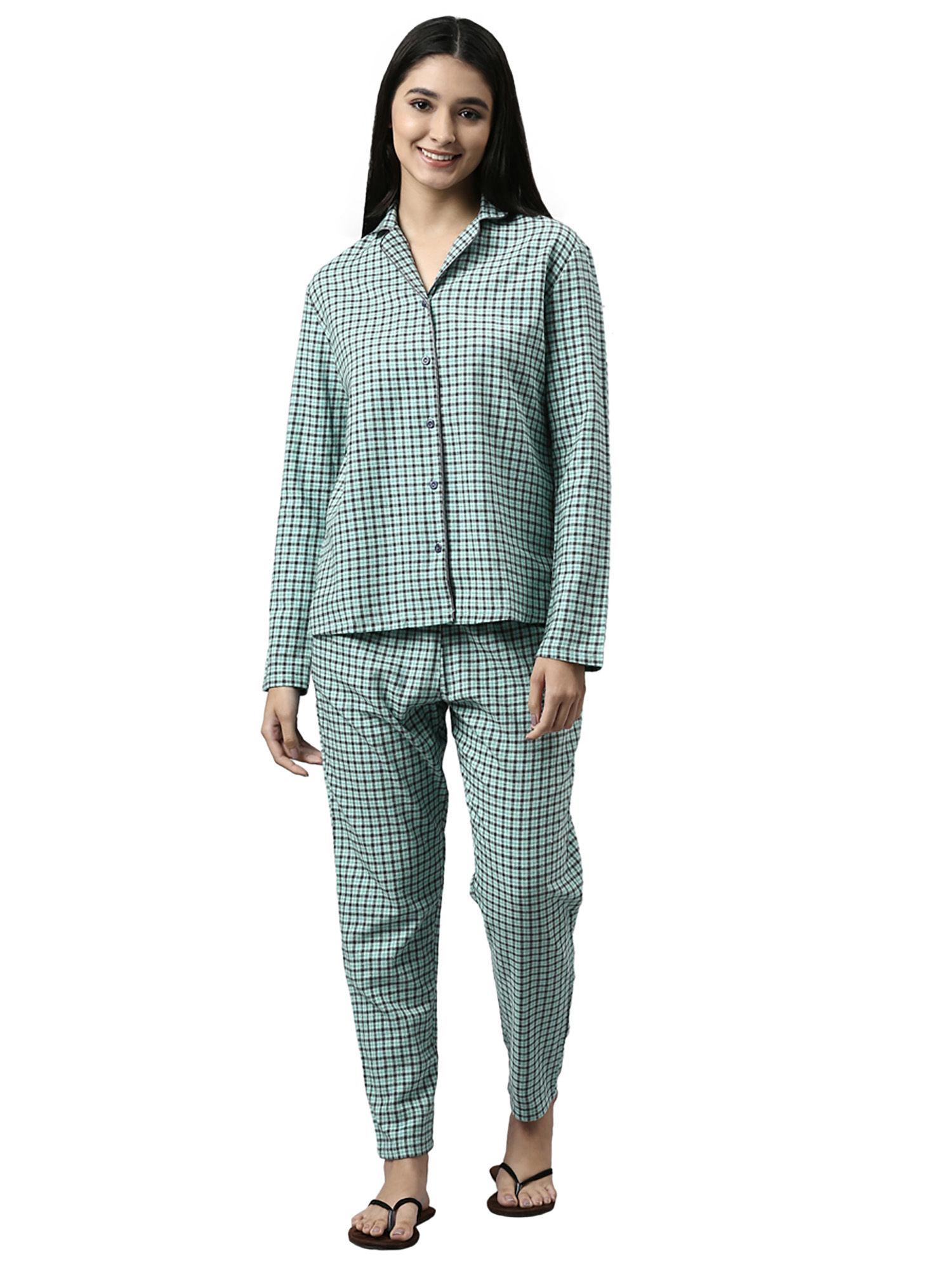 womens essentials ec20-cotton flannel woven lazy shirt and pant set-soft aqua plaid aop