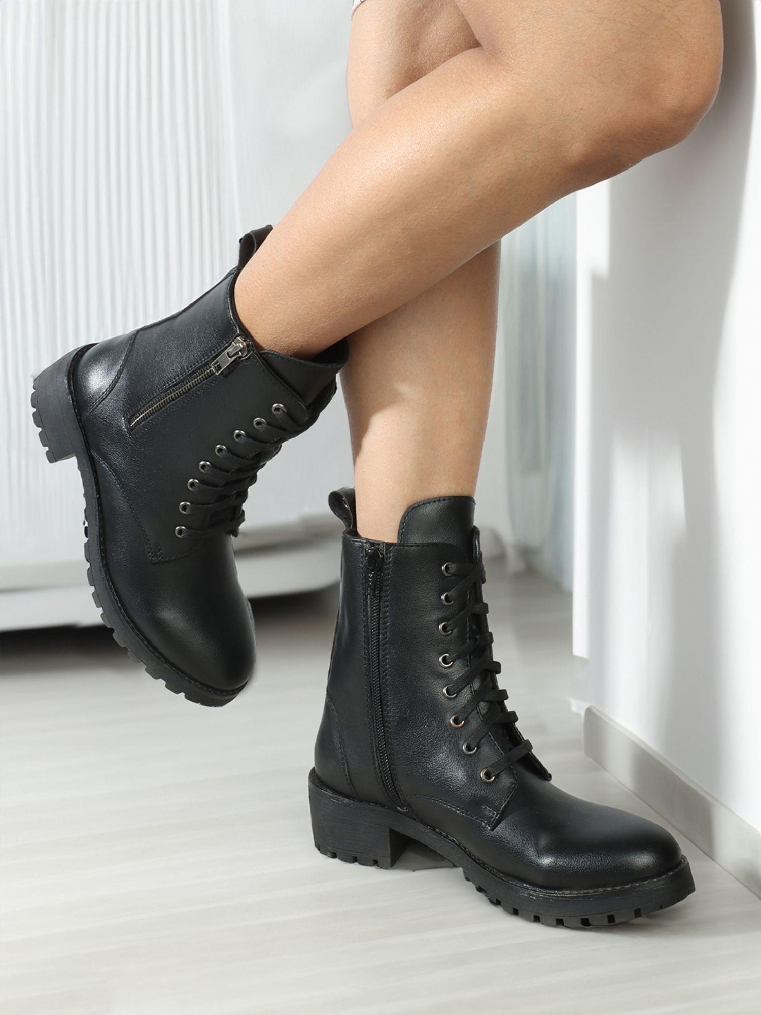 womens fashionable black color lace-ups boots