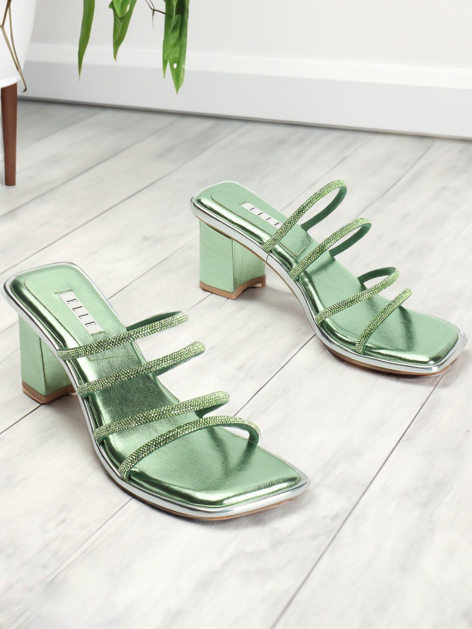 womens fashionable green color slip on embellished sandals