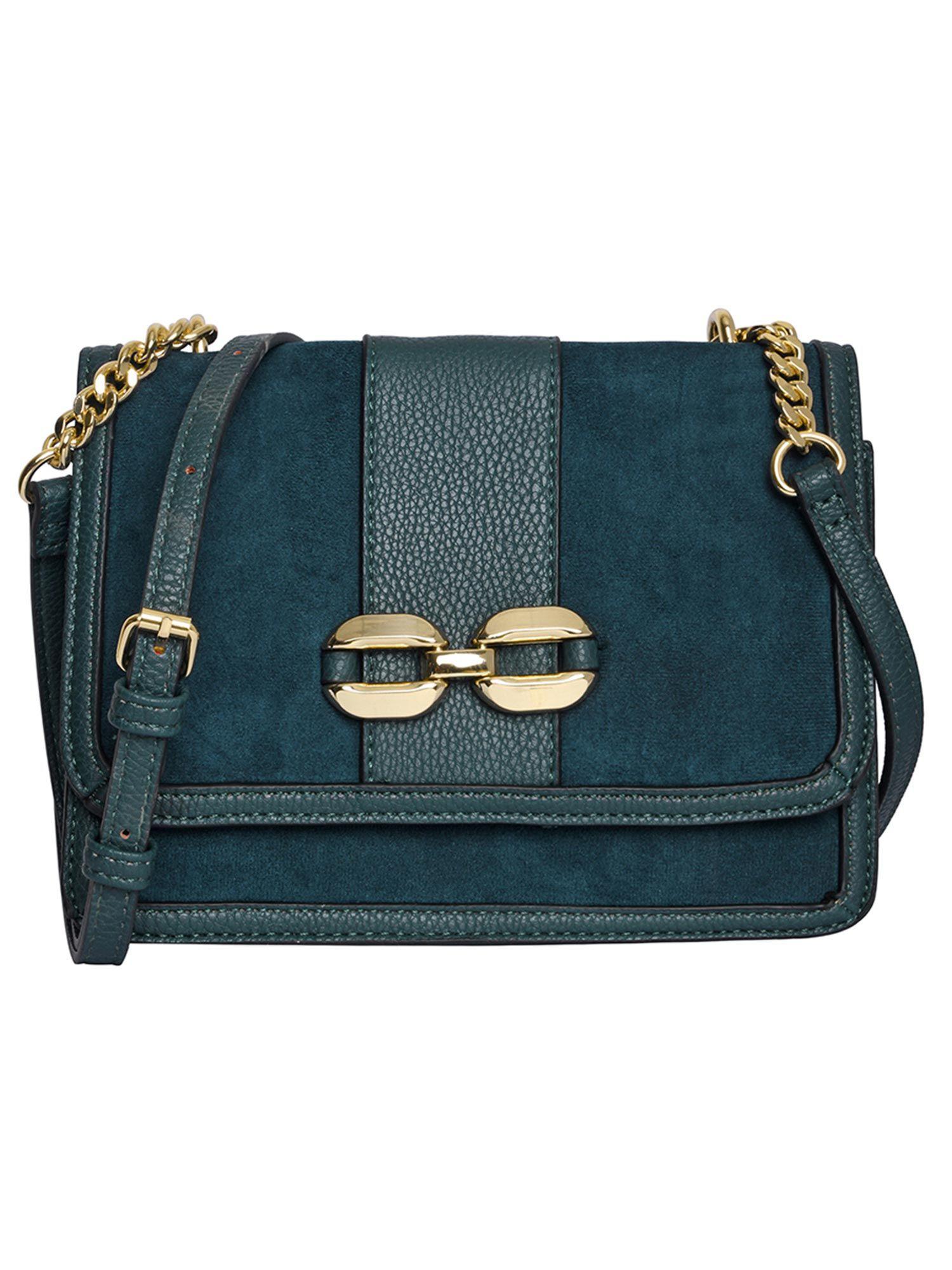womens faux leather teal suedette chain sling bag