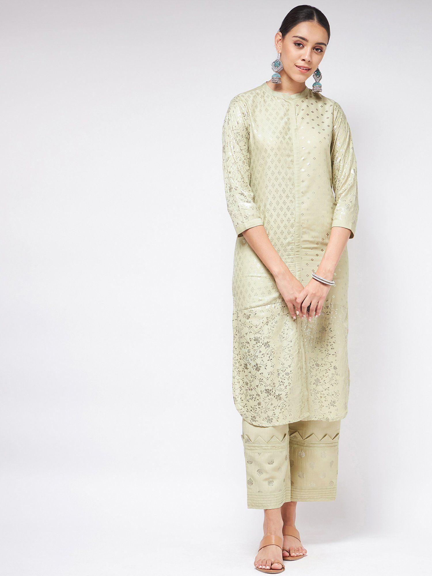 womens festive foil printed kurta with u-shape hemline