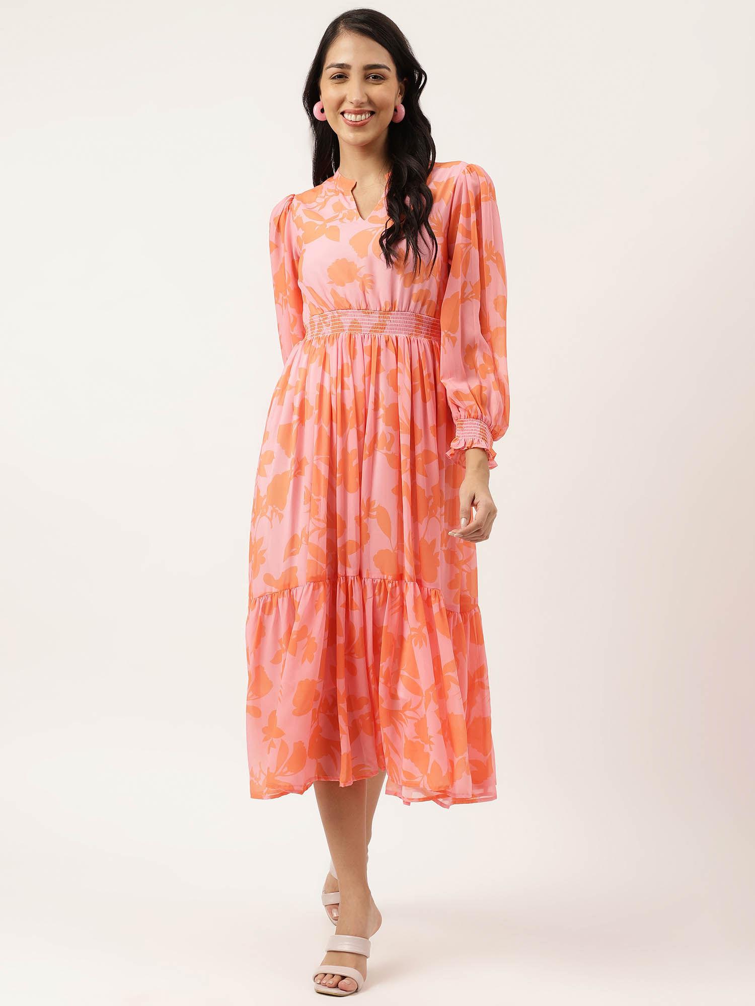 womens fit & flare mandarin neck pink printed georgette midi dress