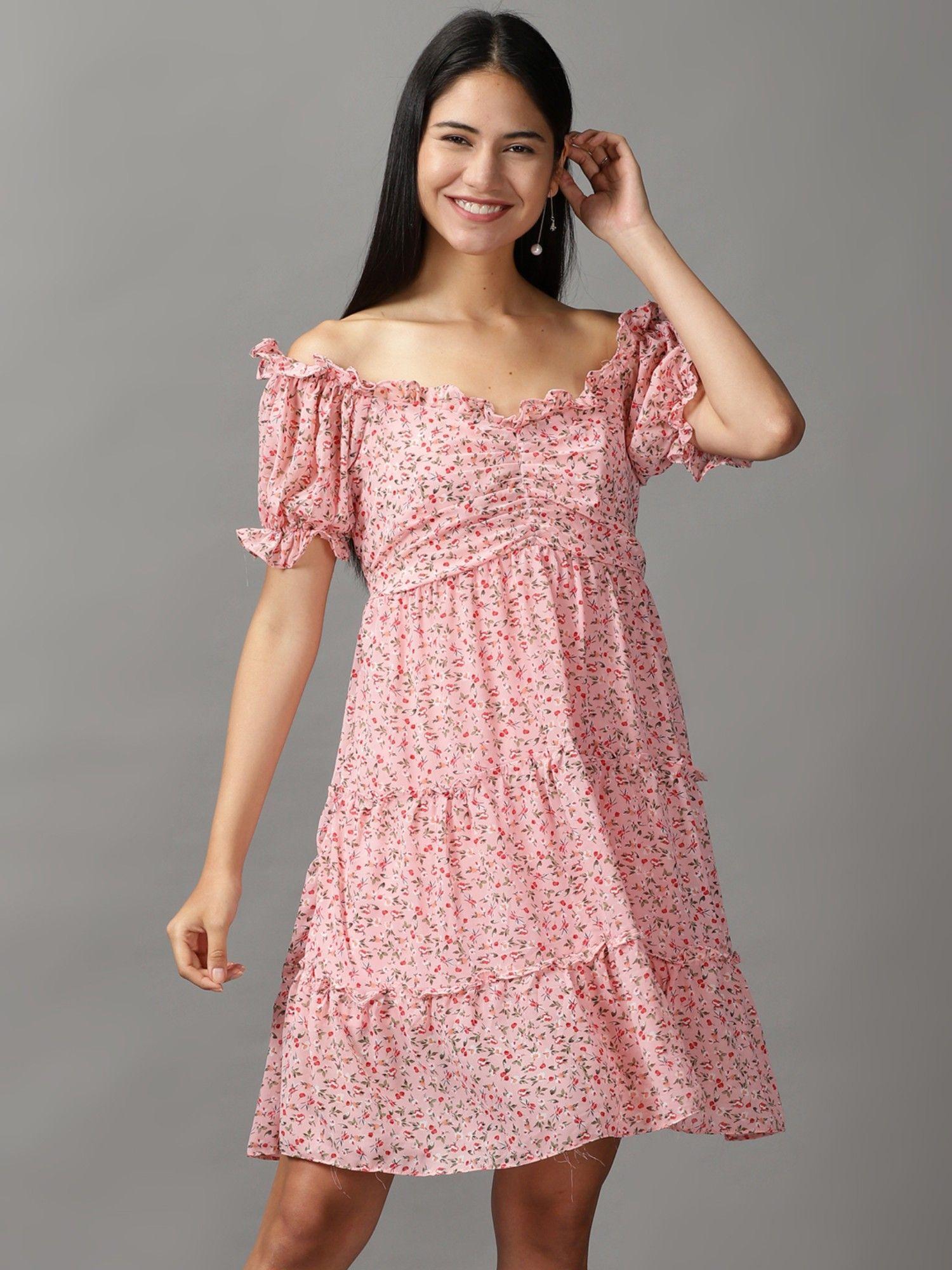 womens fit and flare pink printed dress