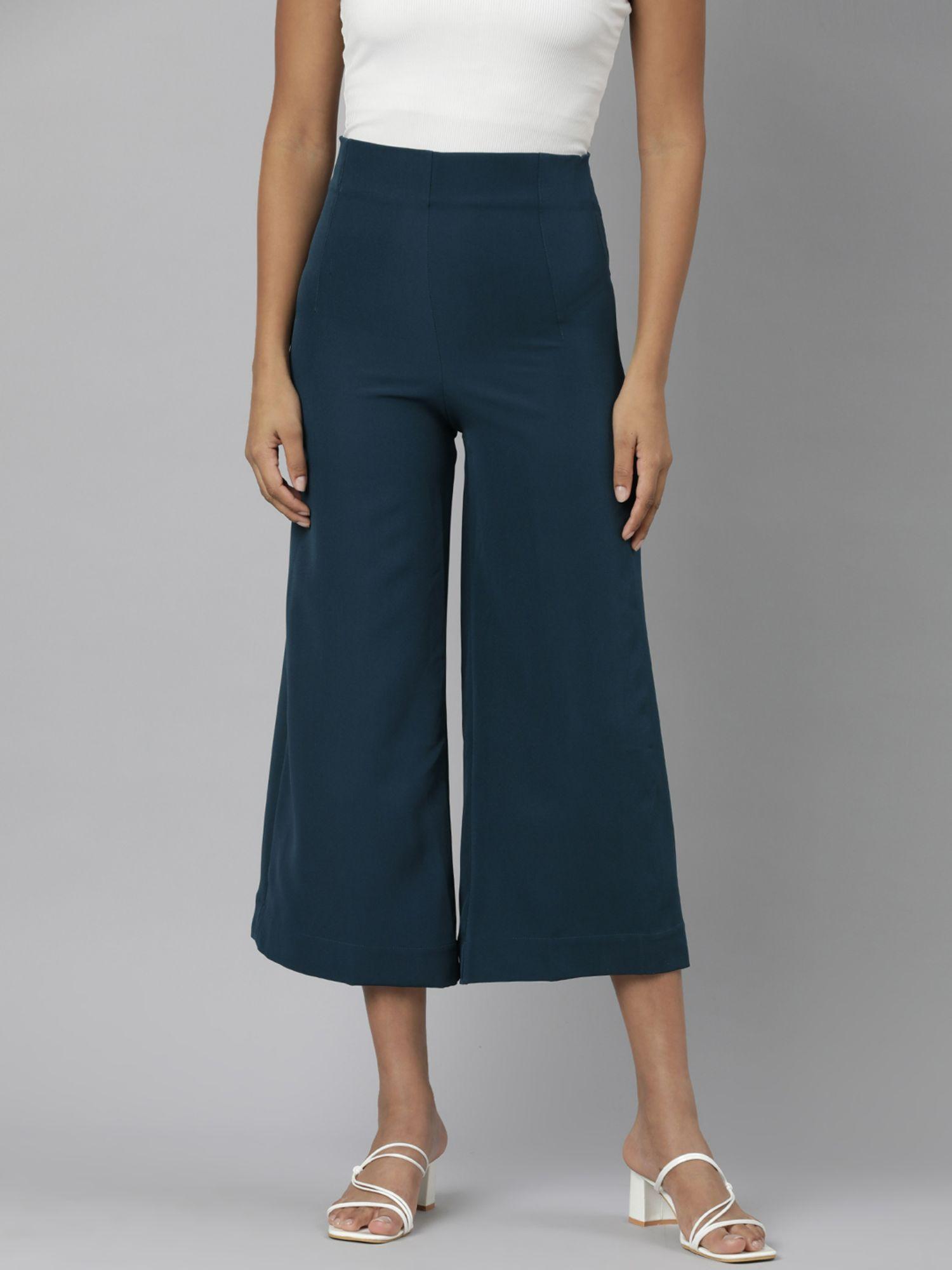 womens flat-front teal flared solid culottes