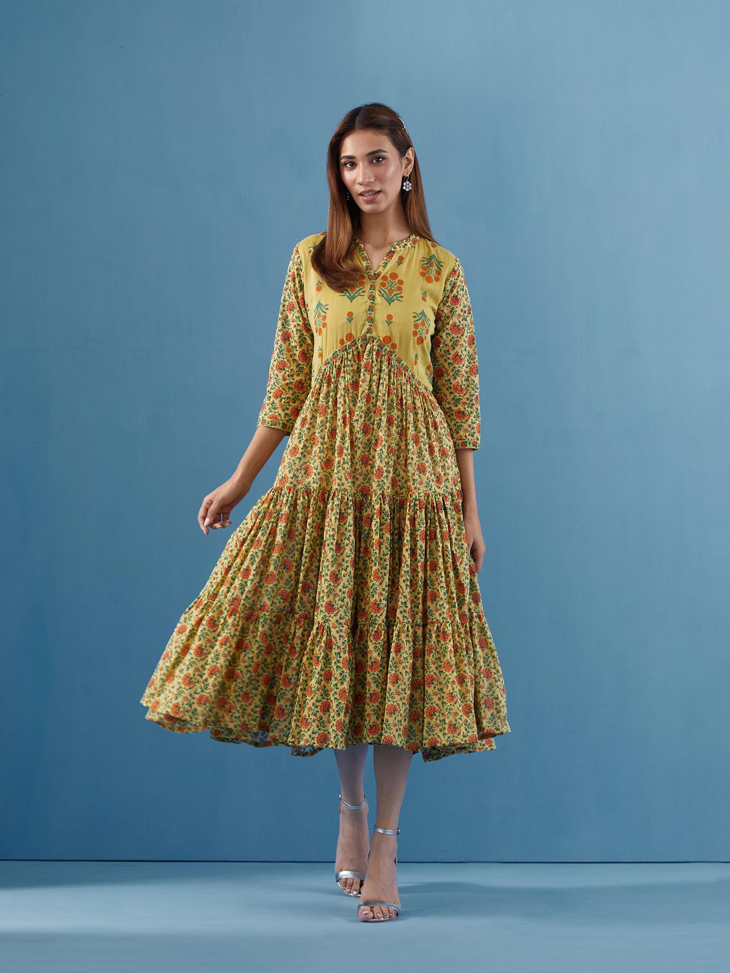 womens floral cotton yellow dress