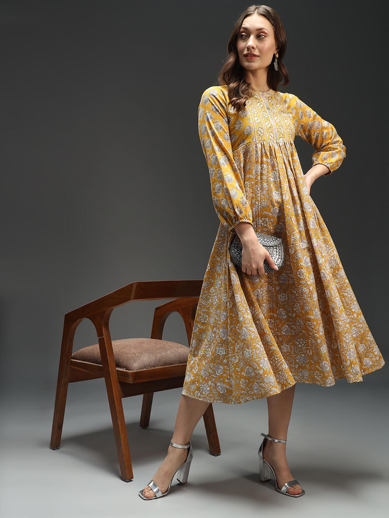 womens floral cotton yellow dress