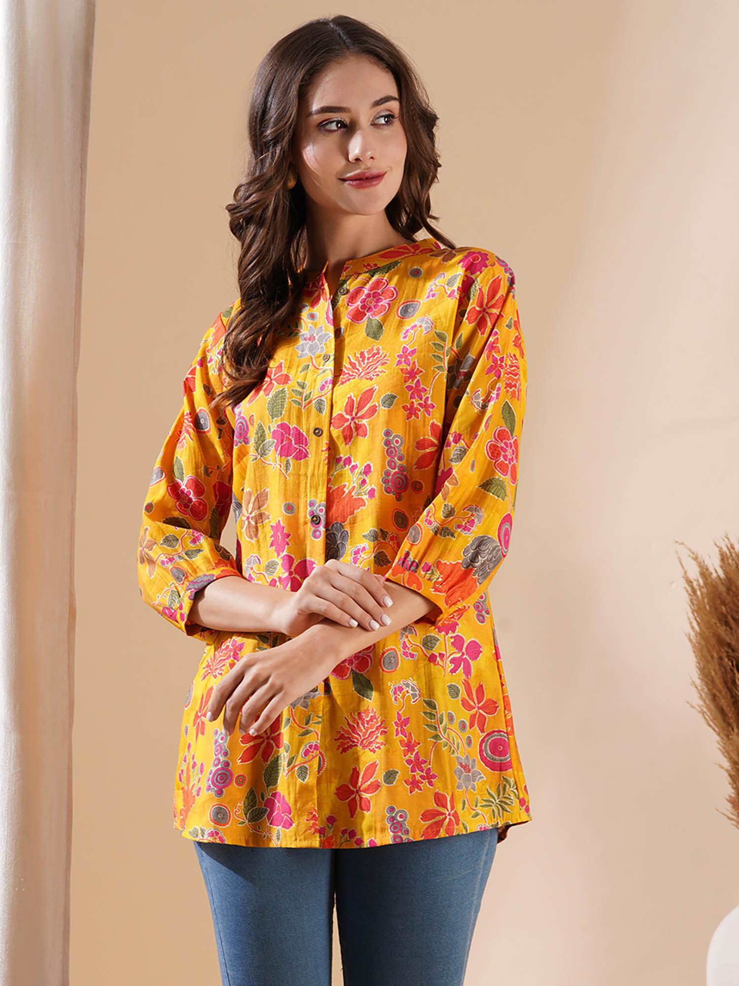 womens floral foil printed buttoned a-line short kurti