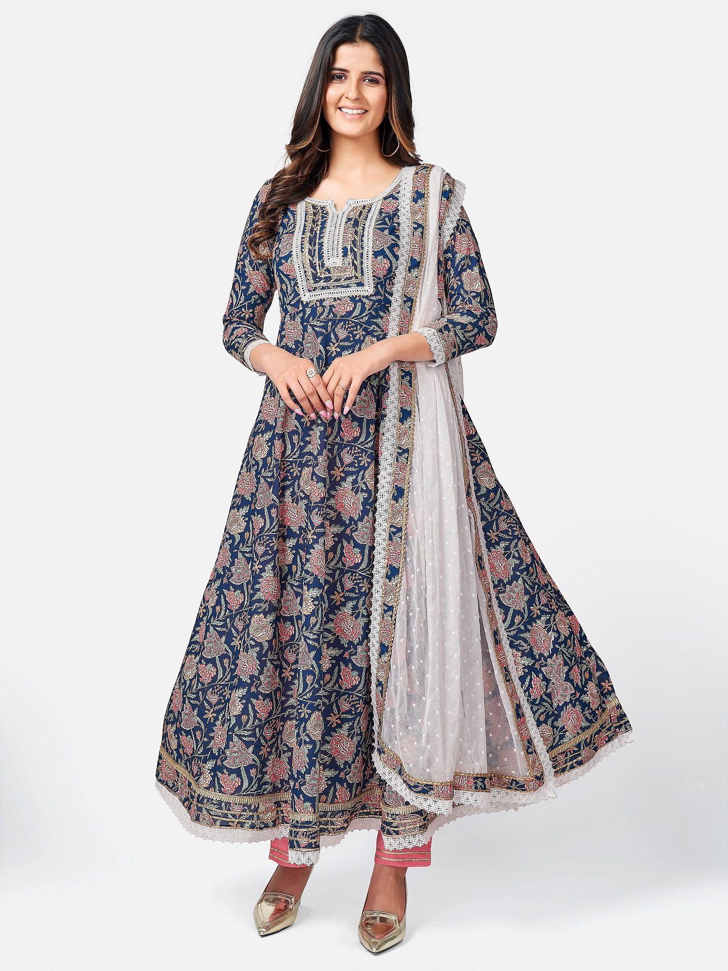 womens floral print & lace work anarkali cotton blue kurta pant with dupatta (set of 3)