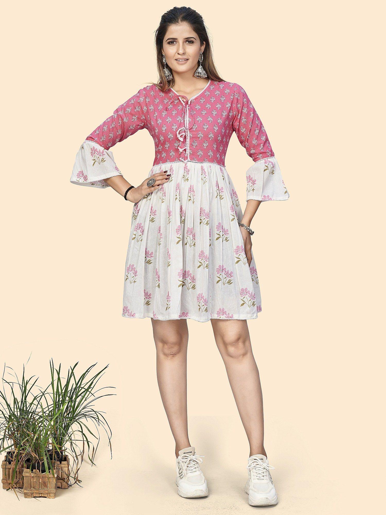 womens floral print a-line cotton pink and white stitched dress