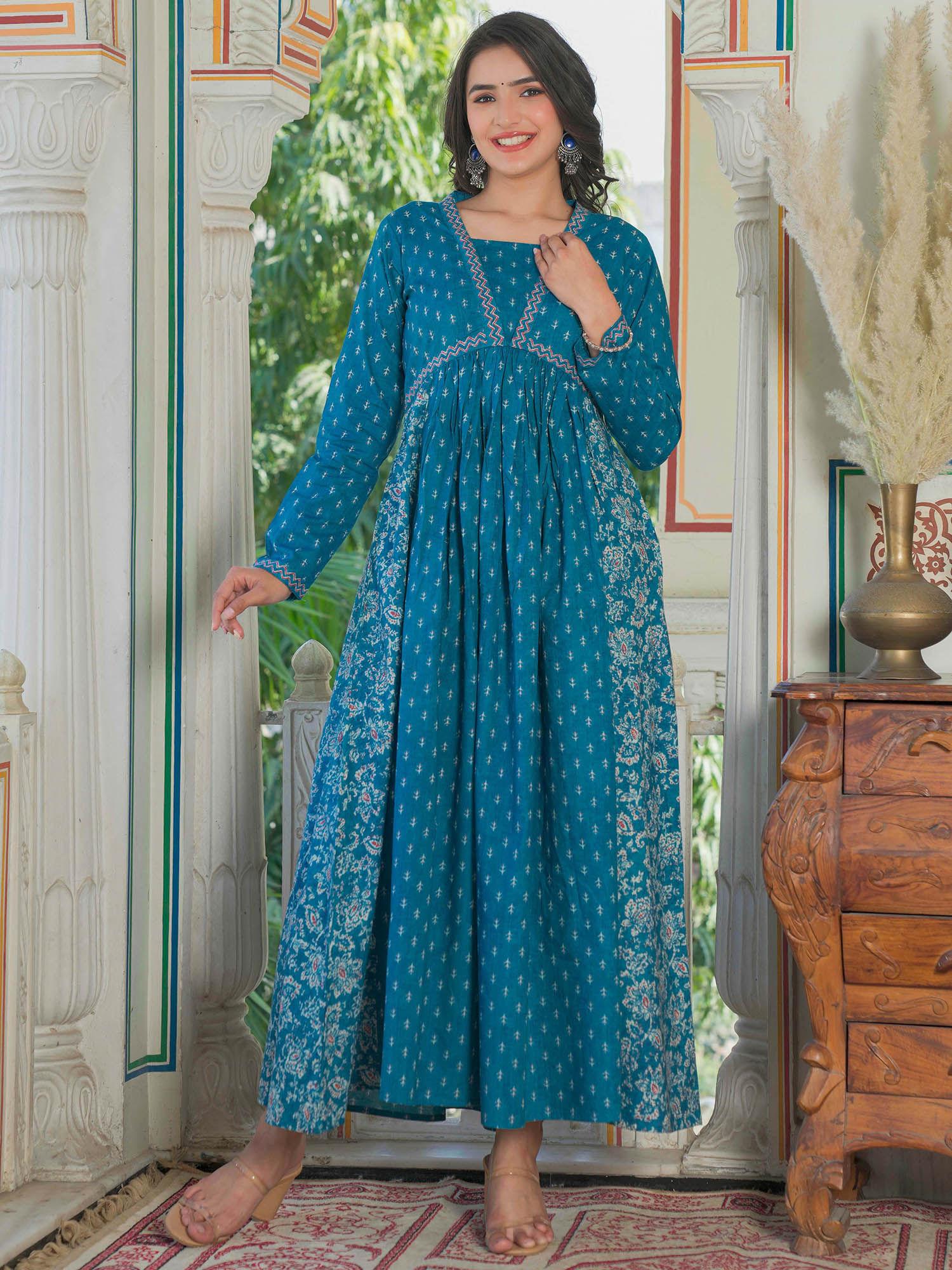 womens floral print cotton blue maxi dress