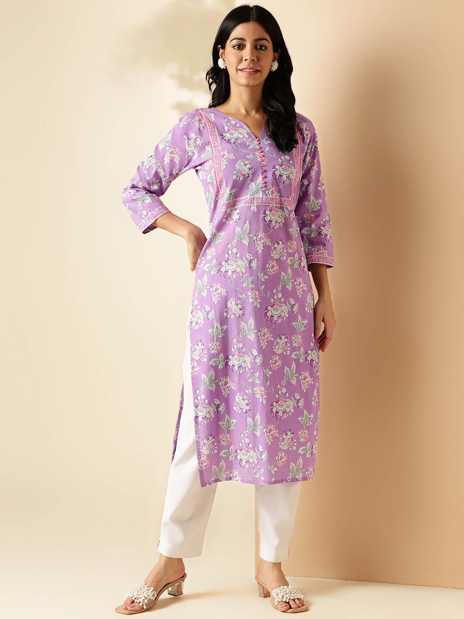 womens floral print straight cotton lavender stitched kurta