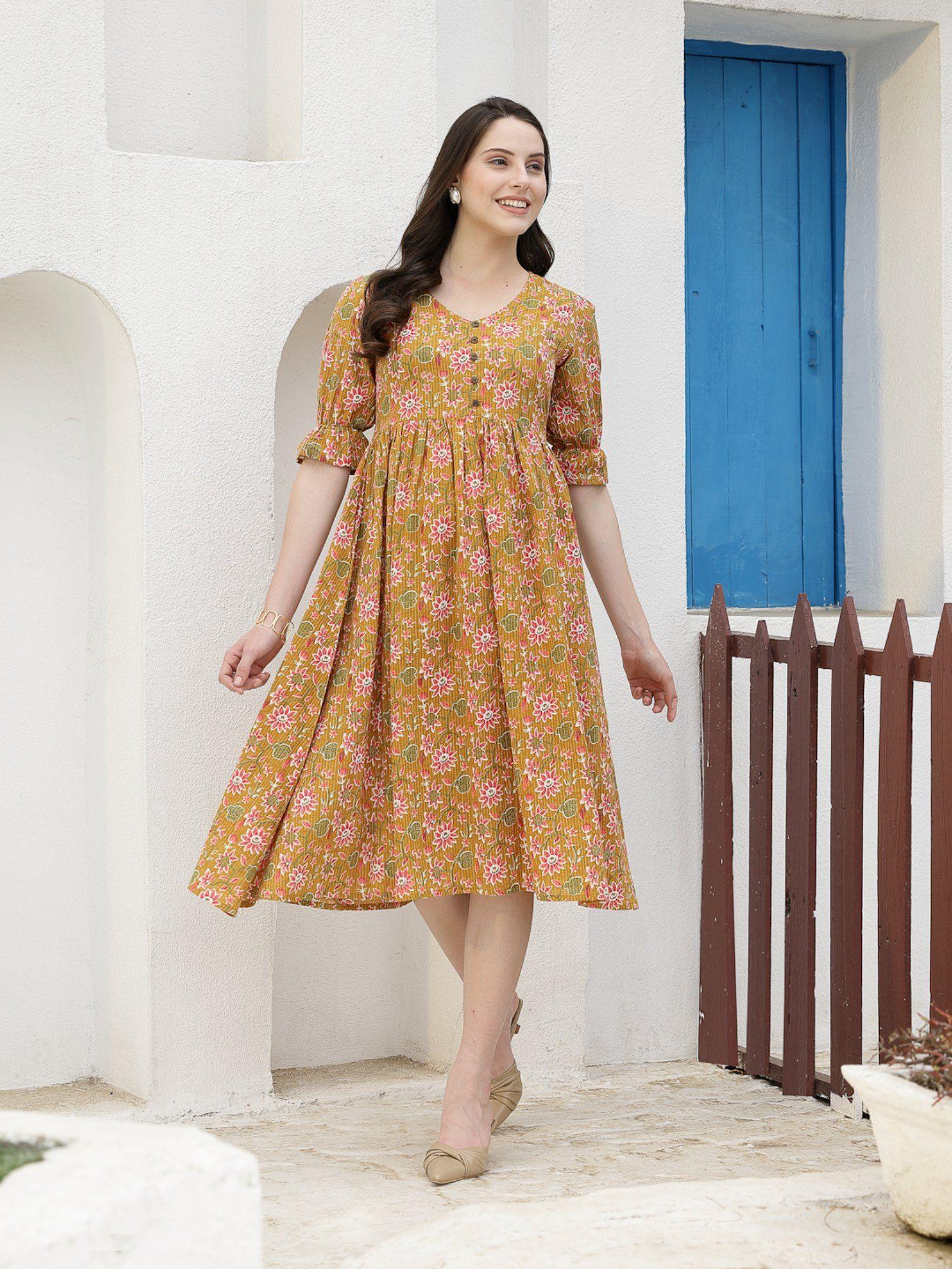 womens floral printed cotton a-line midi dress