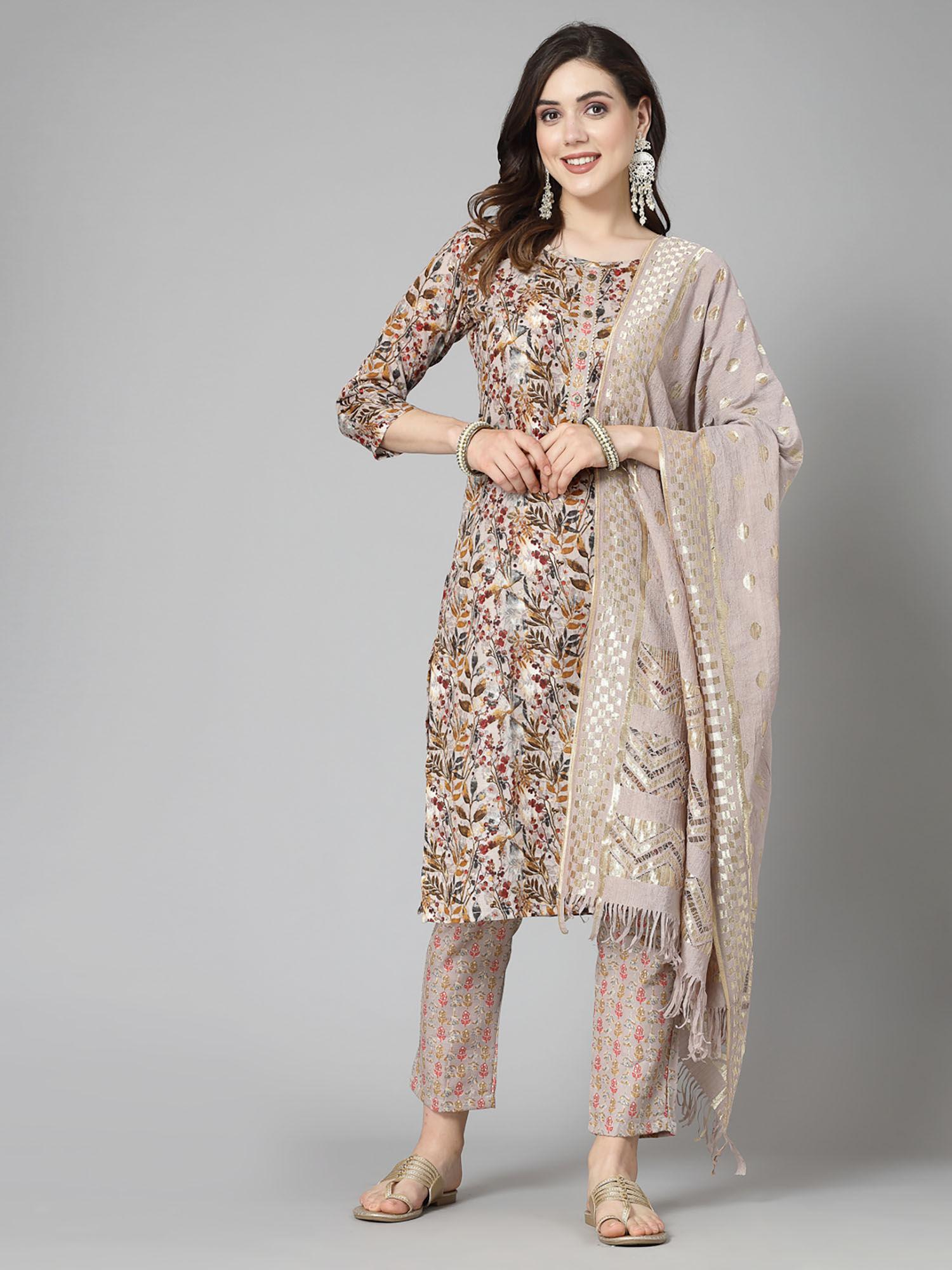 womens floral printed cotton blend straight kurta-pant with dupatta-beige (set of 3)