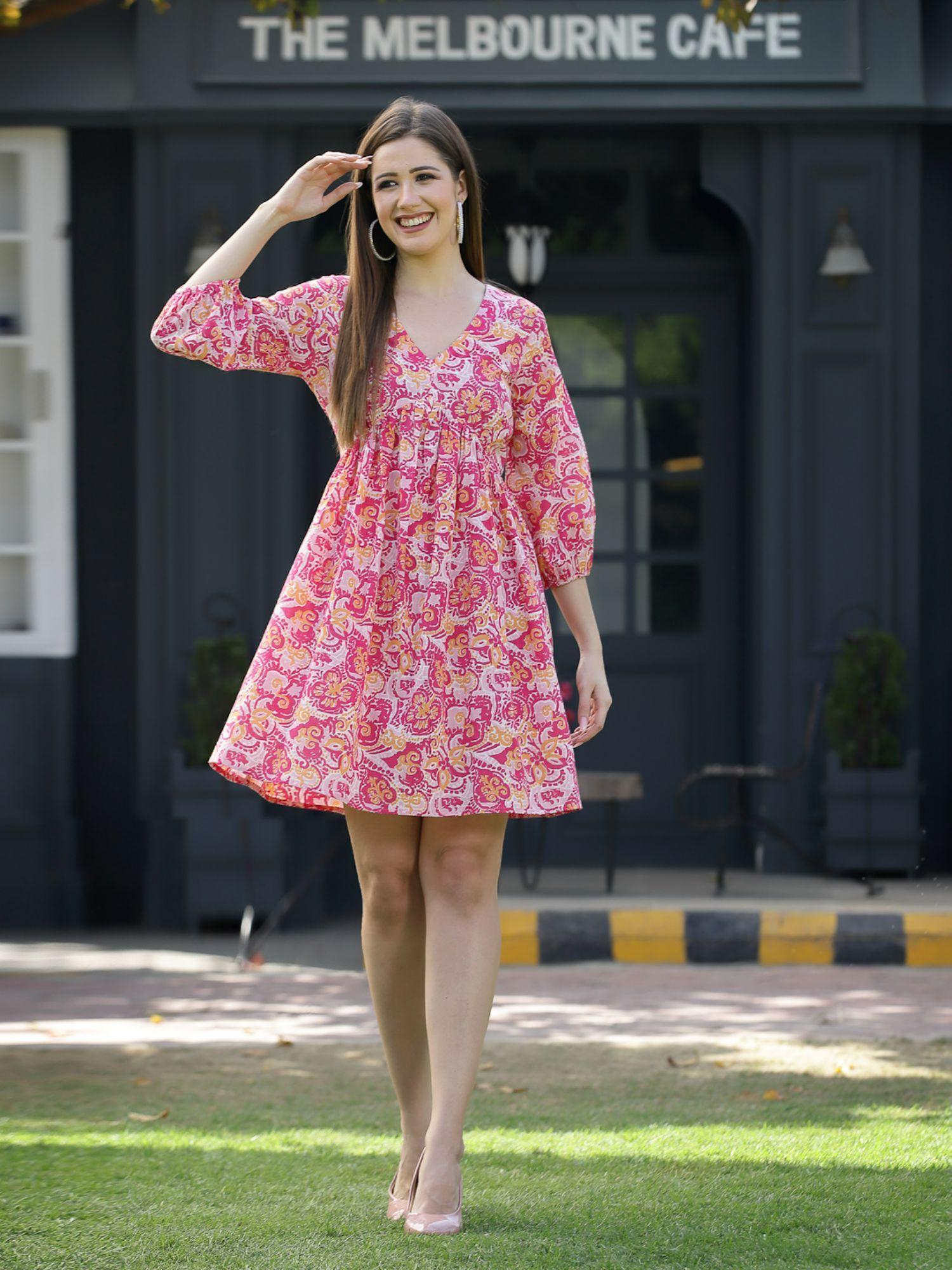 womens floral printed cotton flared dress pink