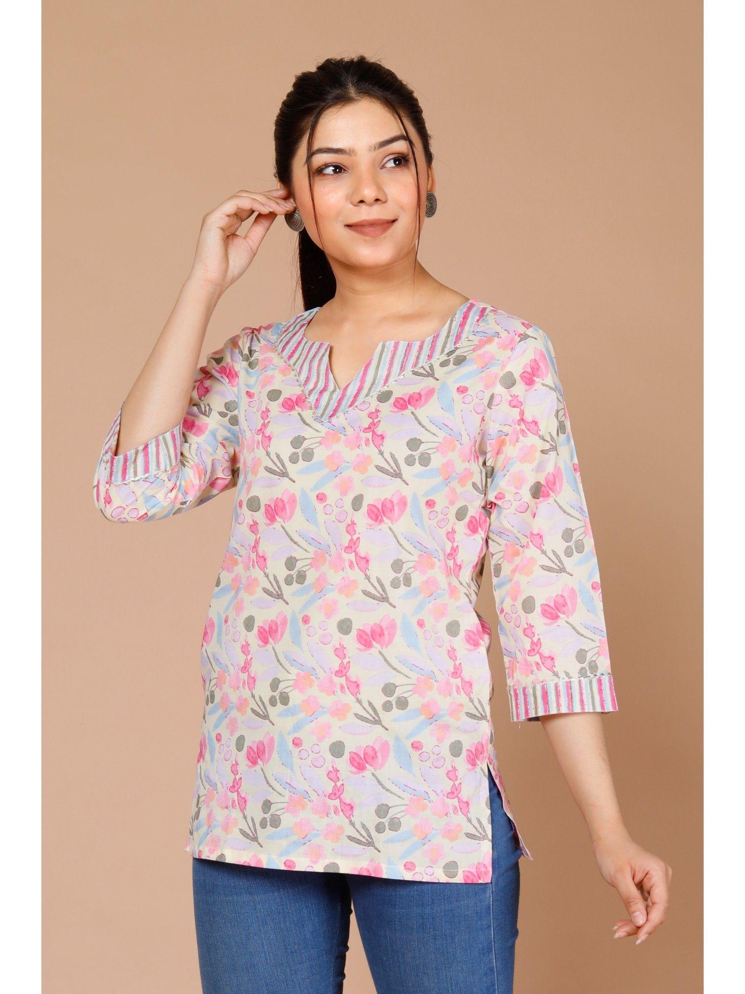 womens floral printed pure cotton pink tunic