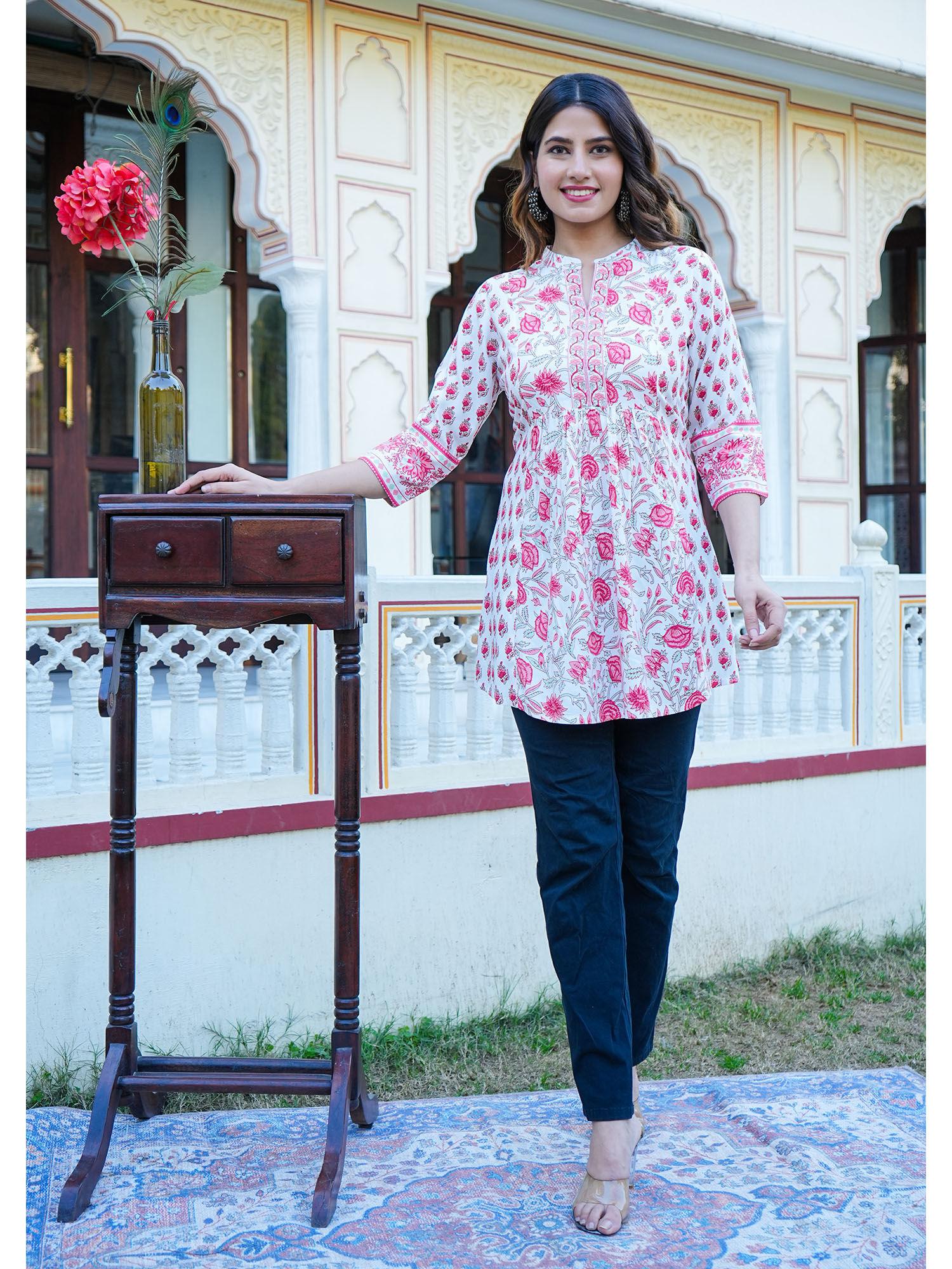 womens floral printed short kurti - white