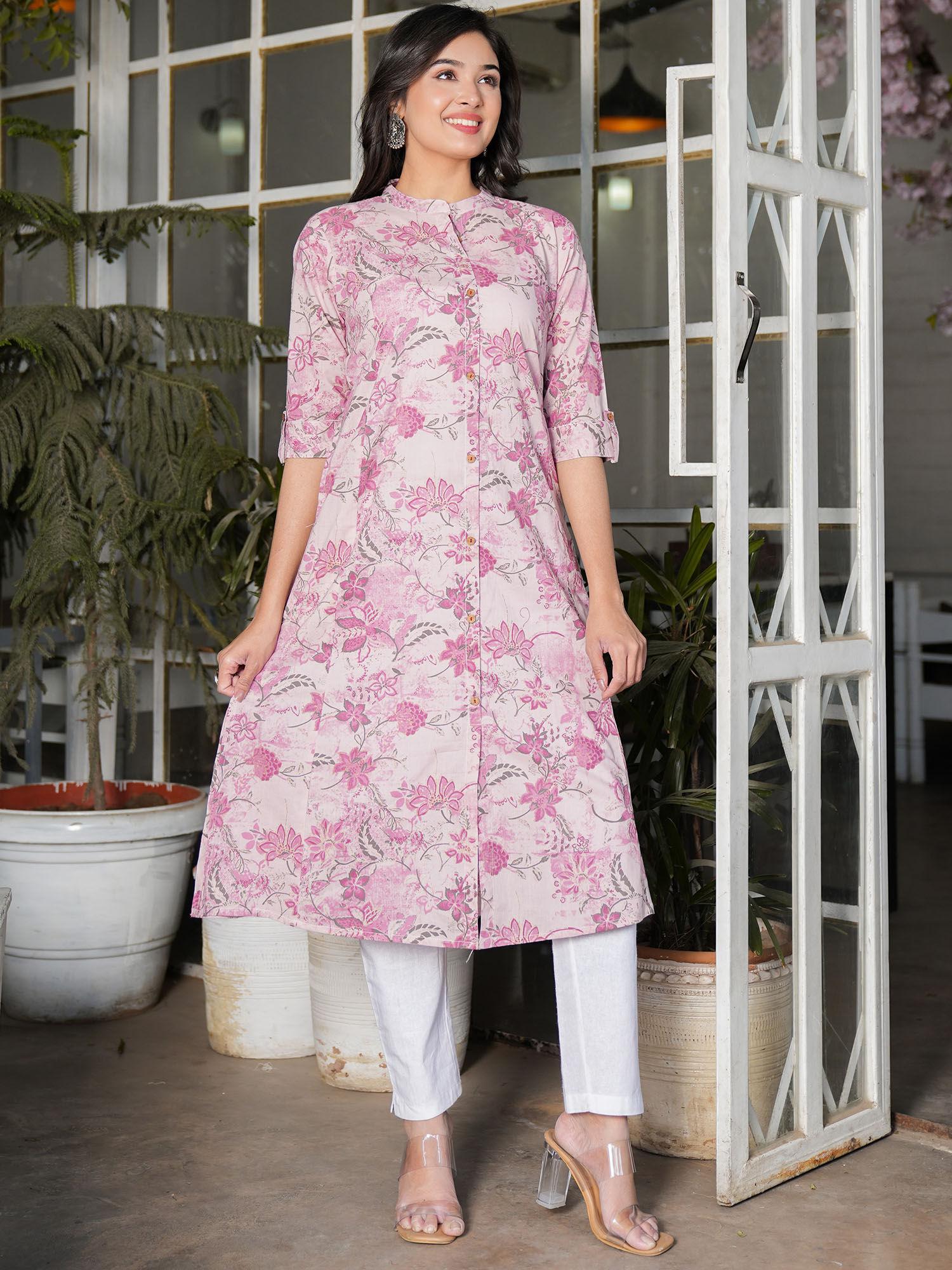 womens floral printed straight cotton pink kurta