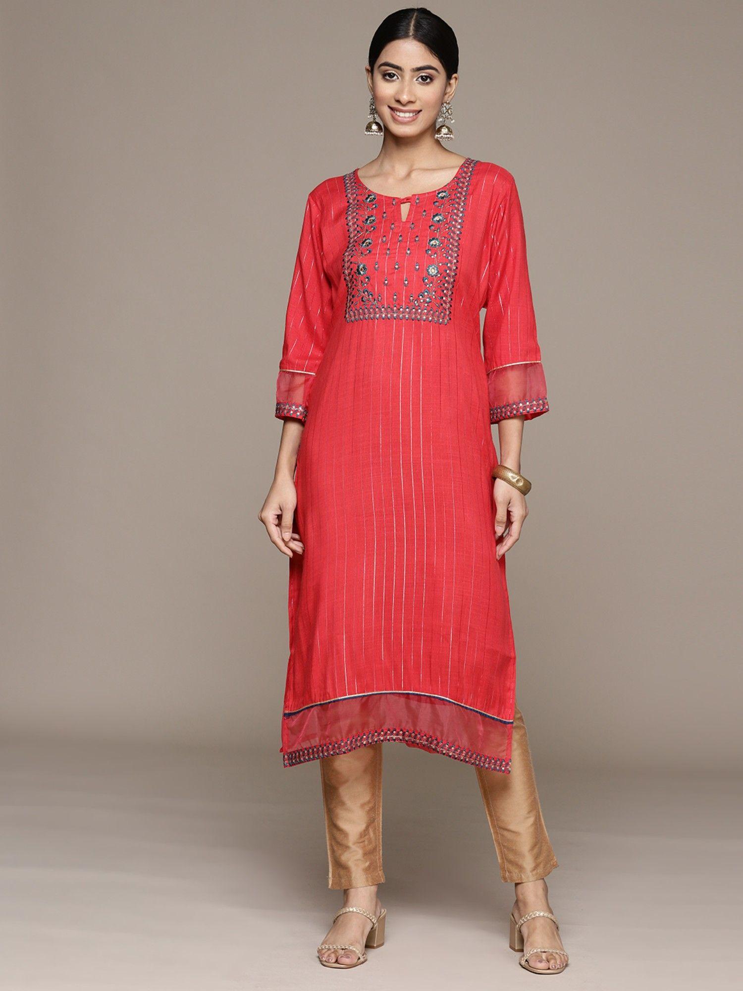 womens floral red embroidered straight kurta