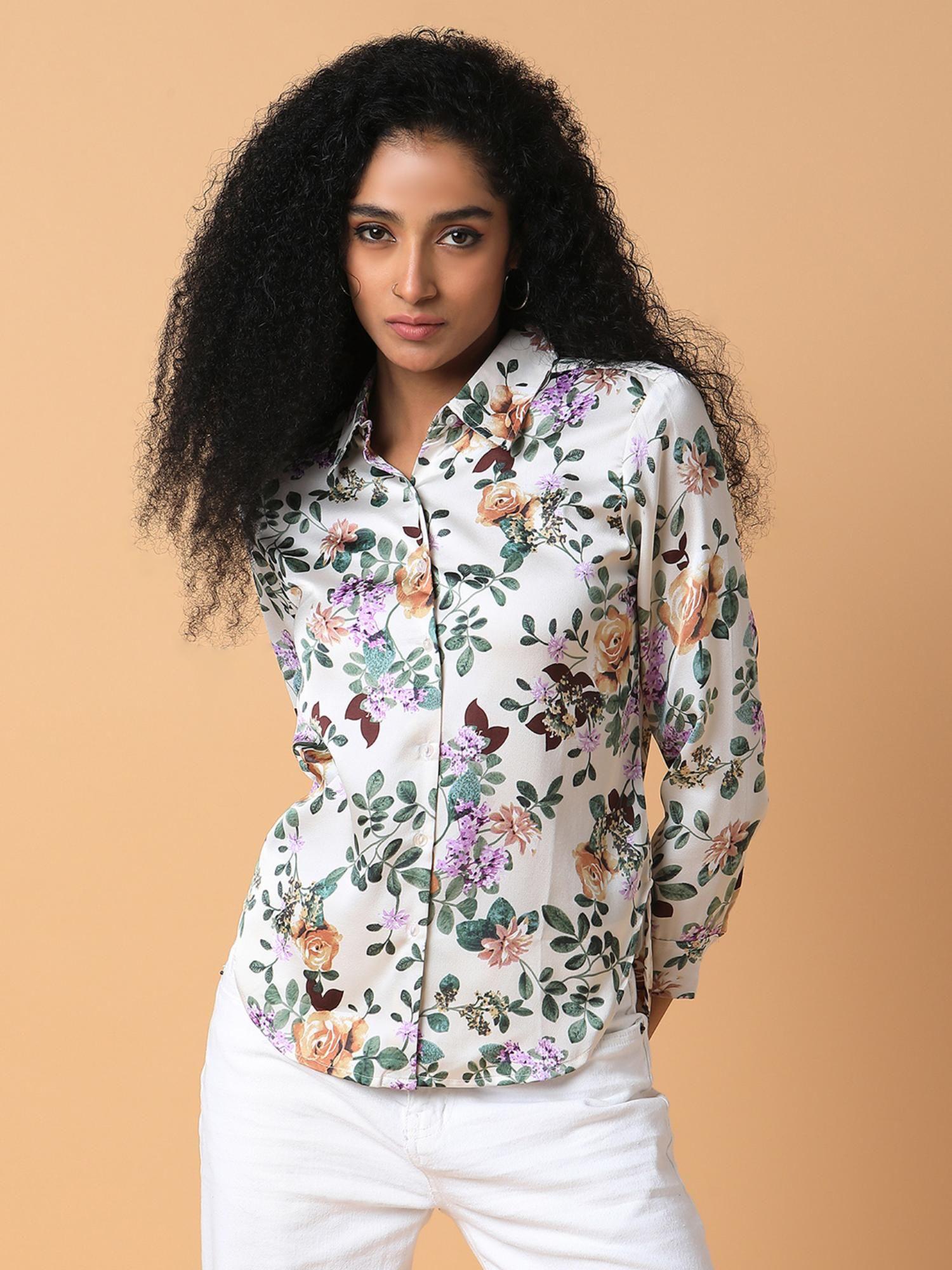 womens floral spread collar cream slim fit shirt