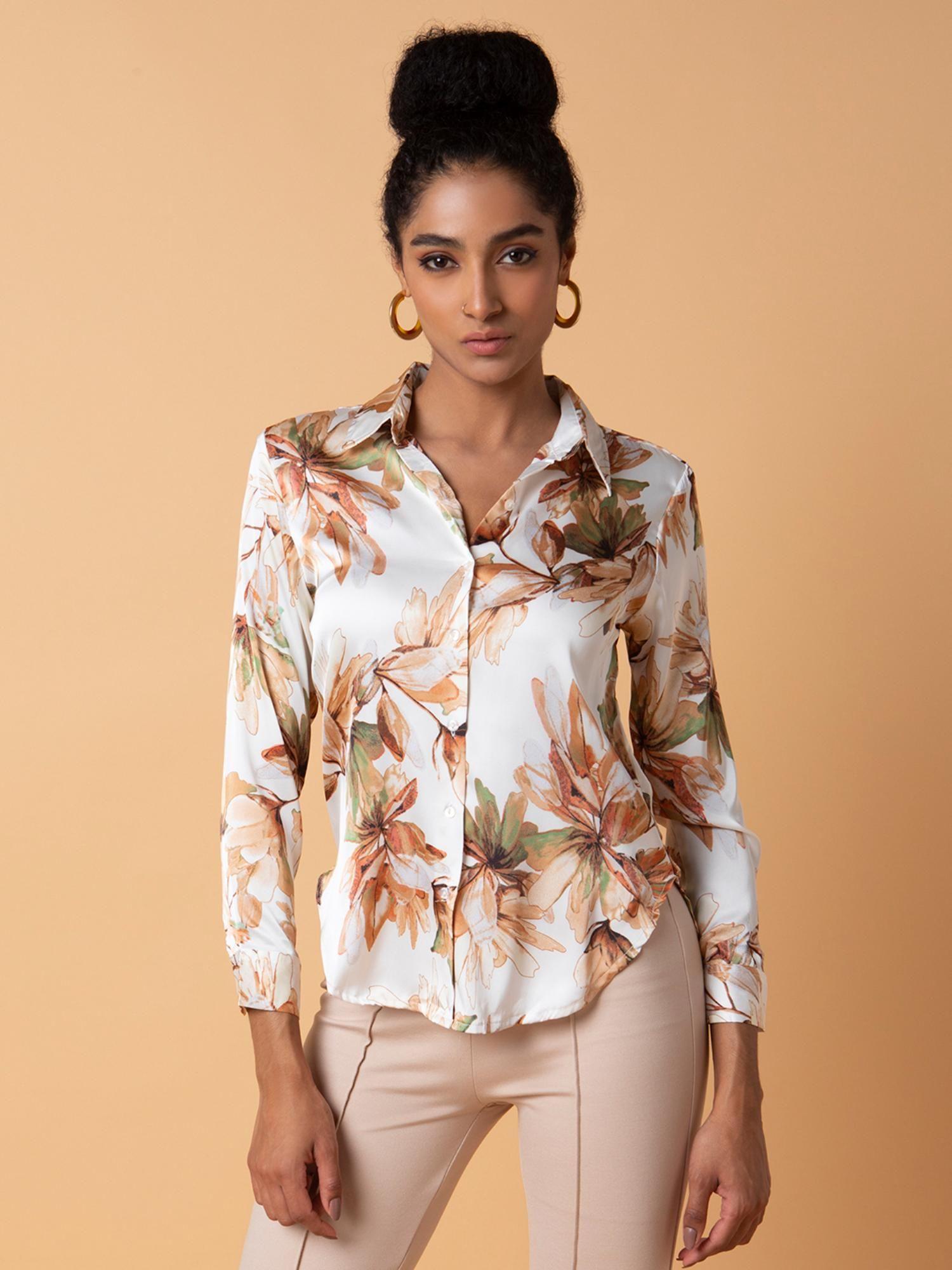 womens floral spread collar cream slim fit shirt