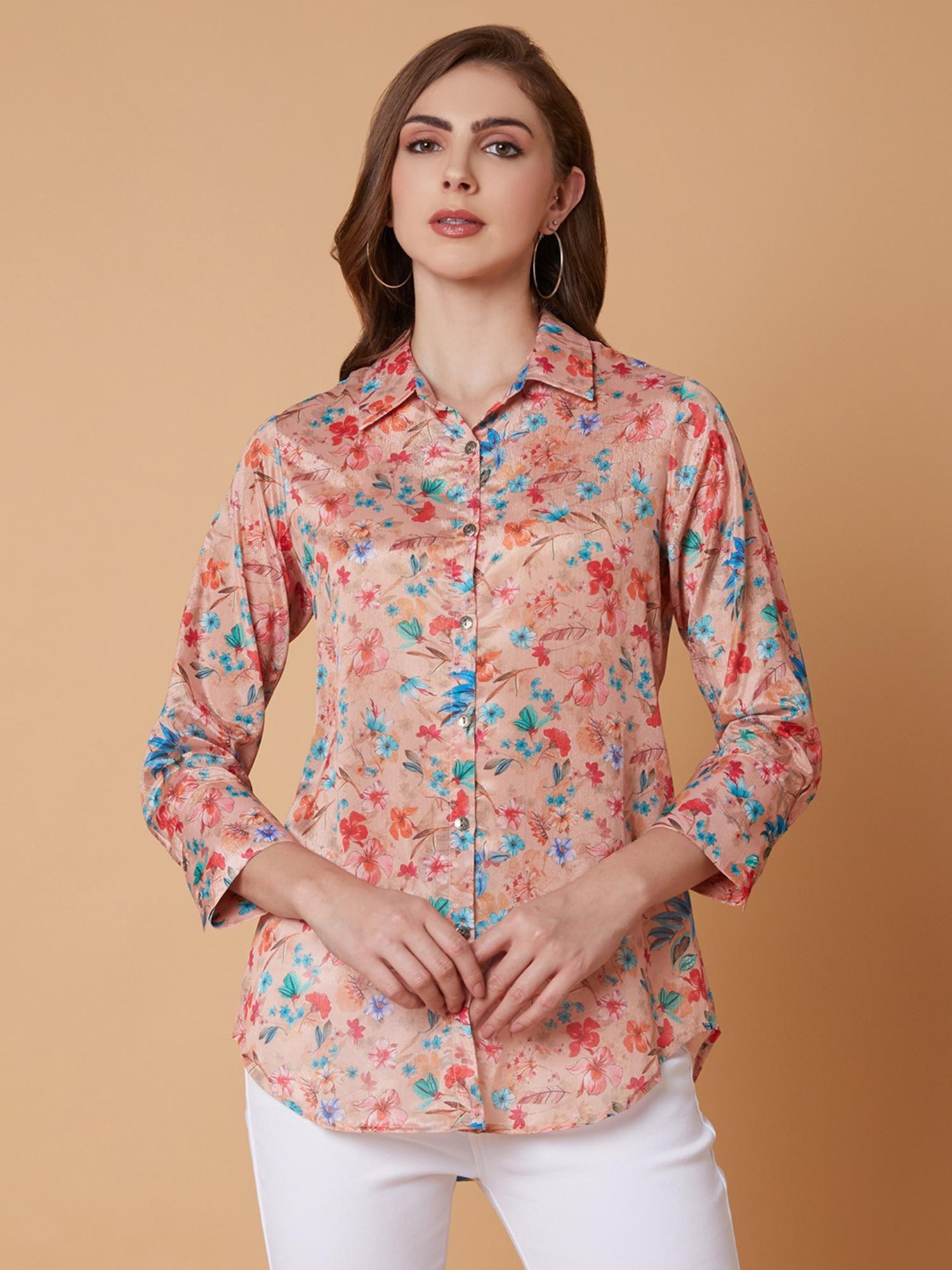 womens floral spread collar peach shirt