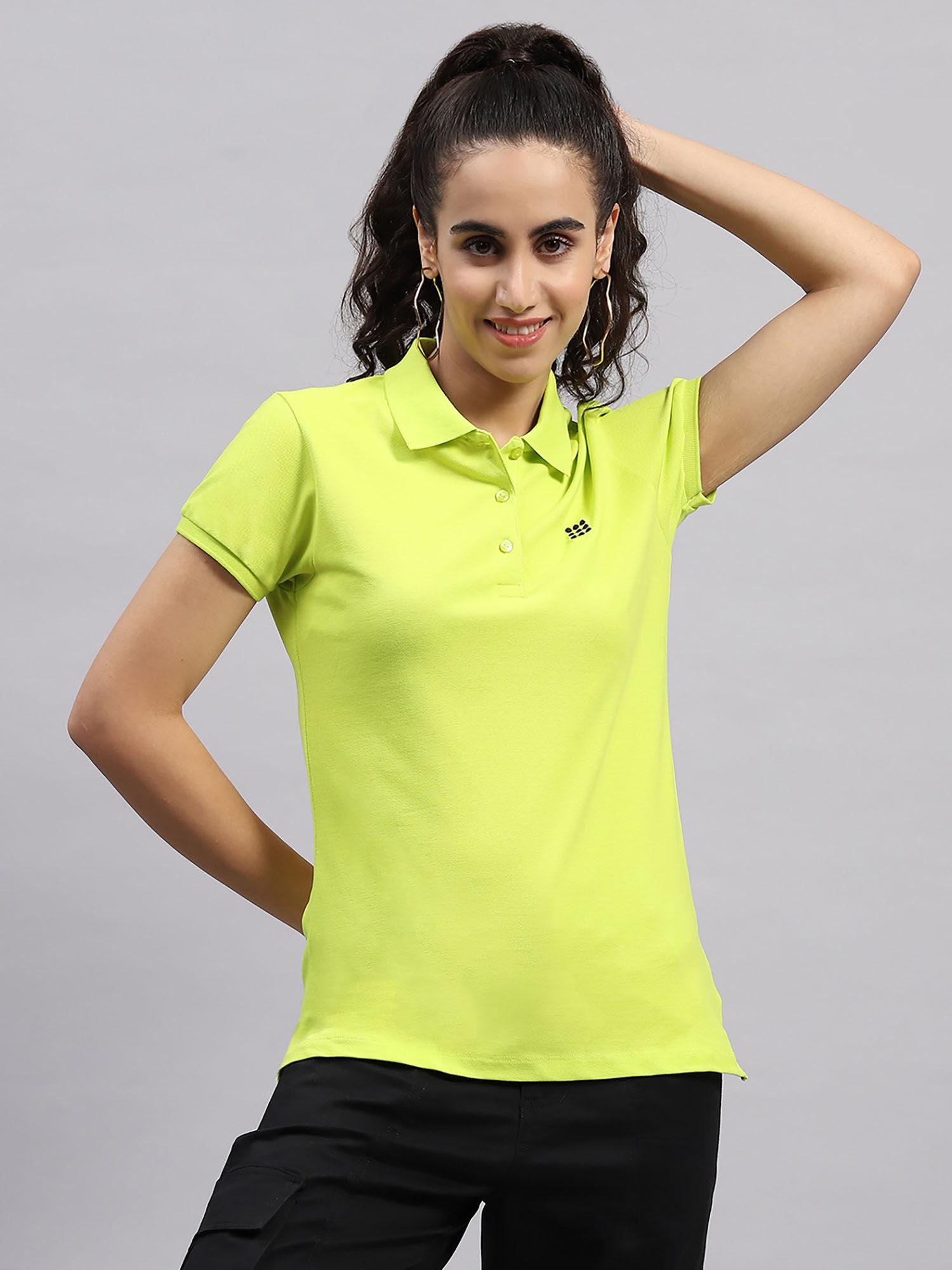 womens fluorescent green solid polo neck half sleeve t-shirt