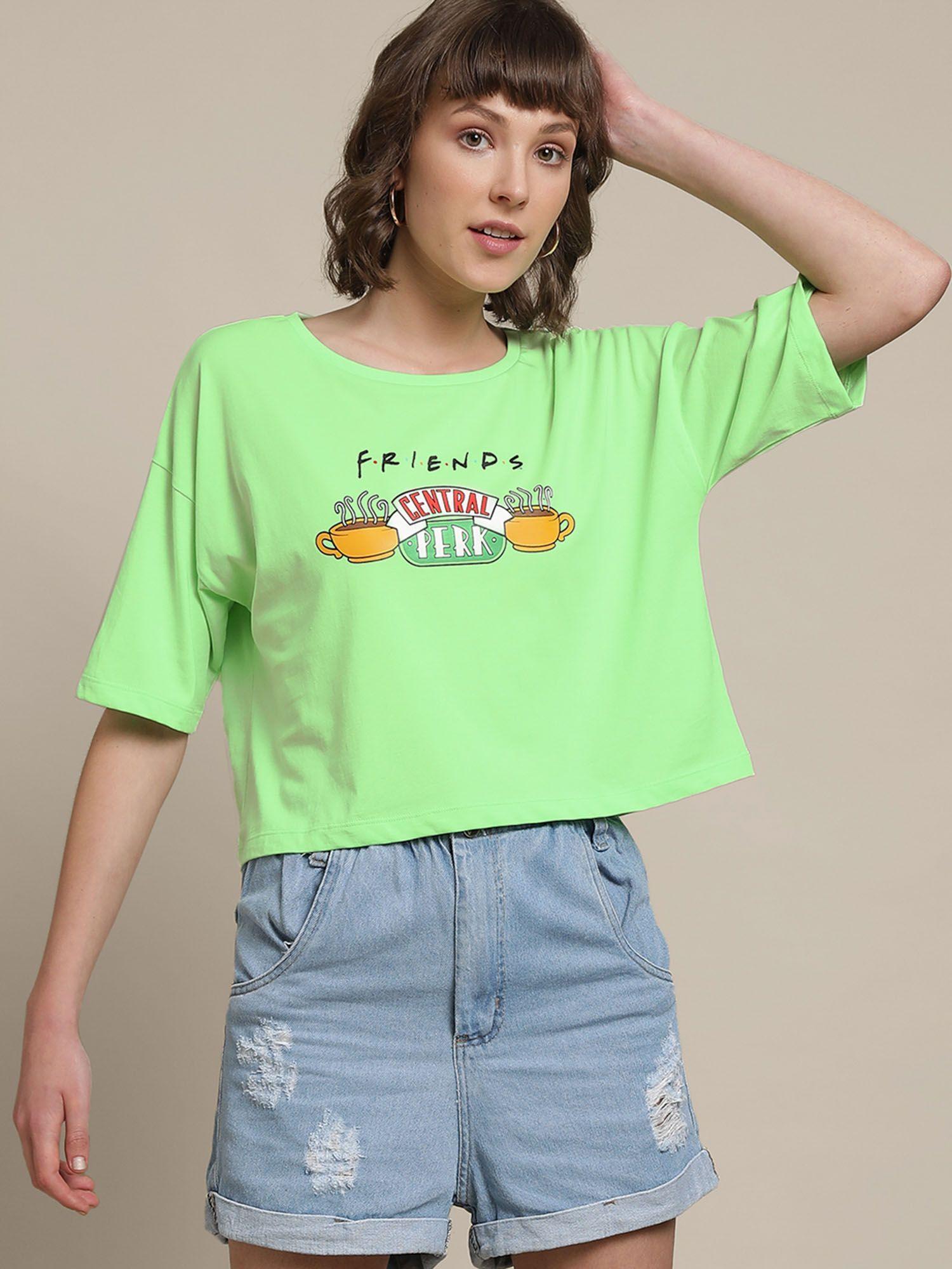 womens friends printed half sleeve green t-shirt