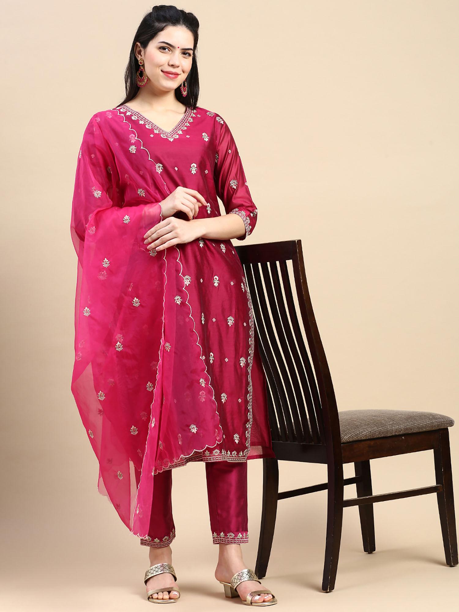 womens fuchsia all over embroidered viscose blend kurta with pant & dupatta (set of 3)