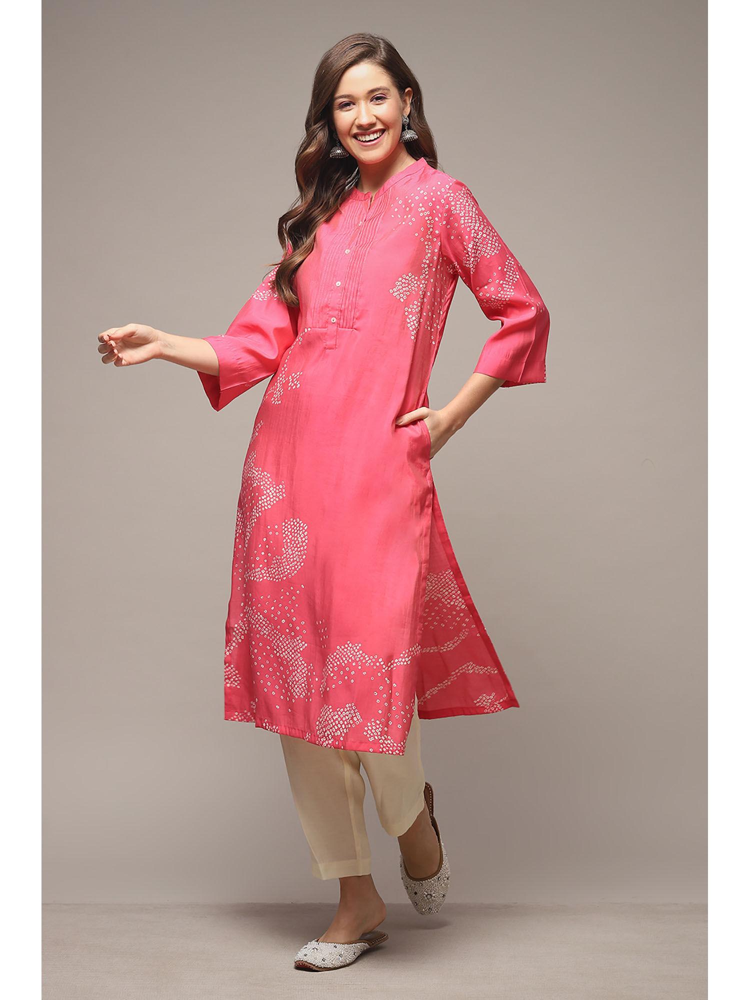 womens fuschia printed poly viscose straight kurta (set of 2)