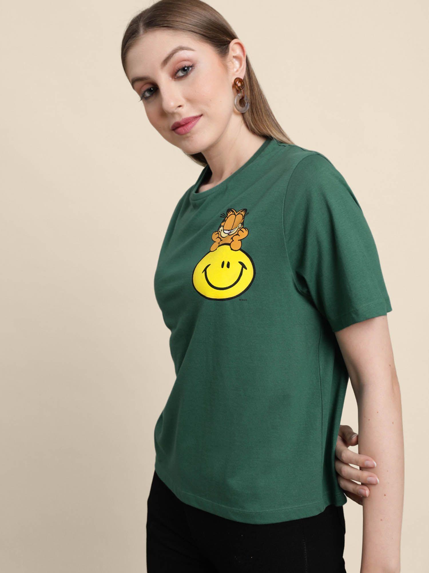 womens garfield front & back printed half sleeve green t-shirt