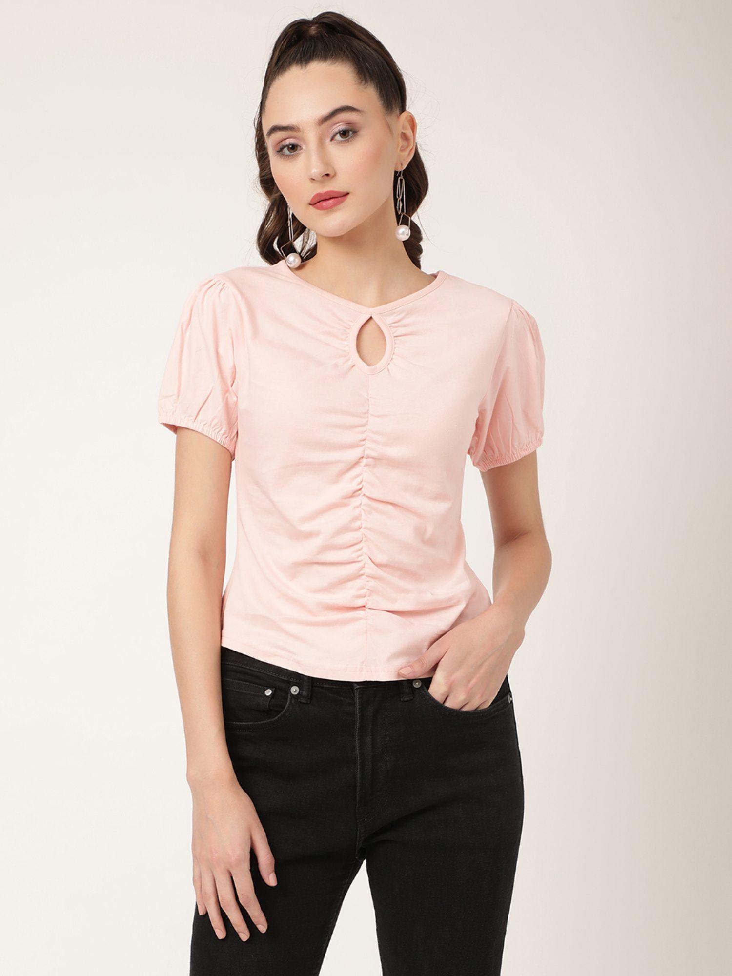 womens gathered tee with woven puff sleeve