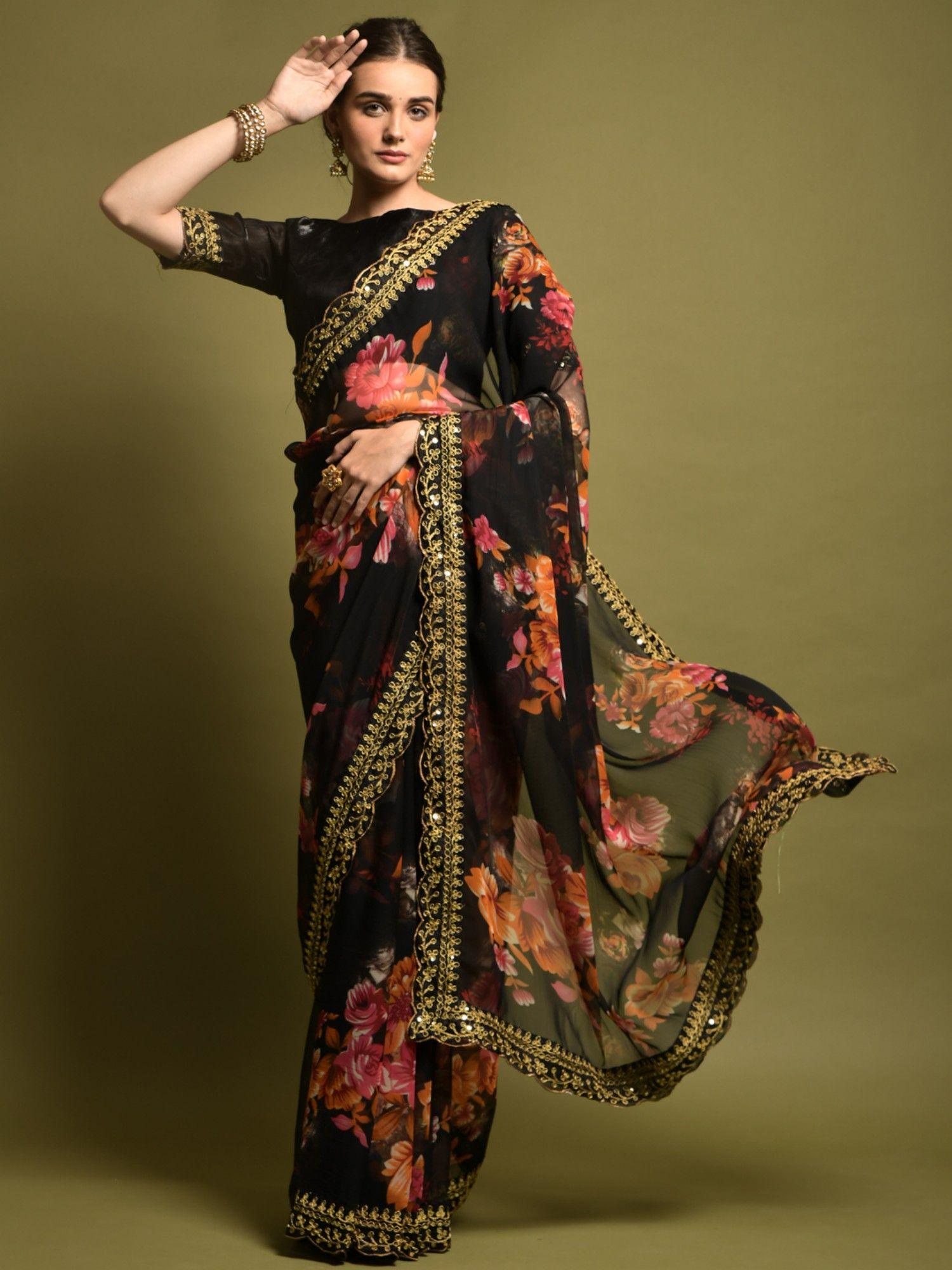womens georgette black embellished designer saree with unstitched blouse piece