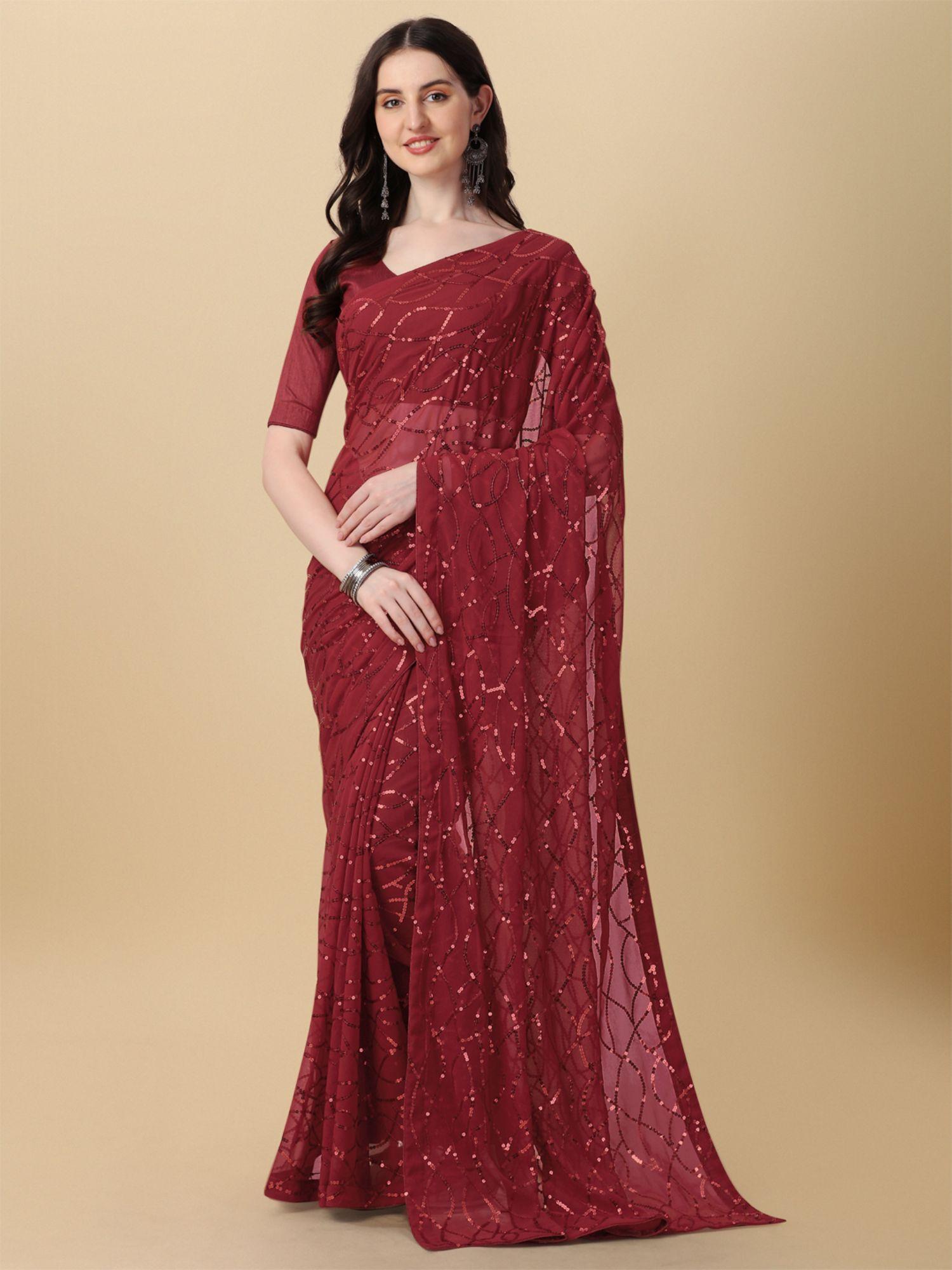 womens georgette embellished sequence work maroon saree with unstitched blouse