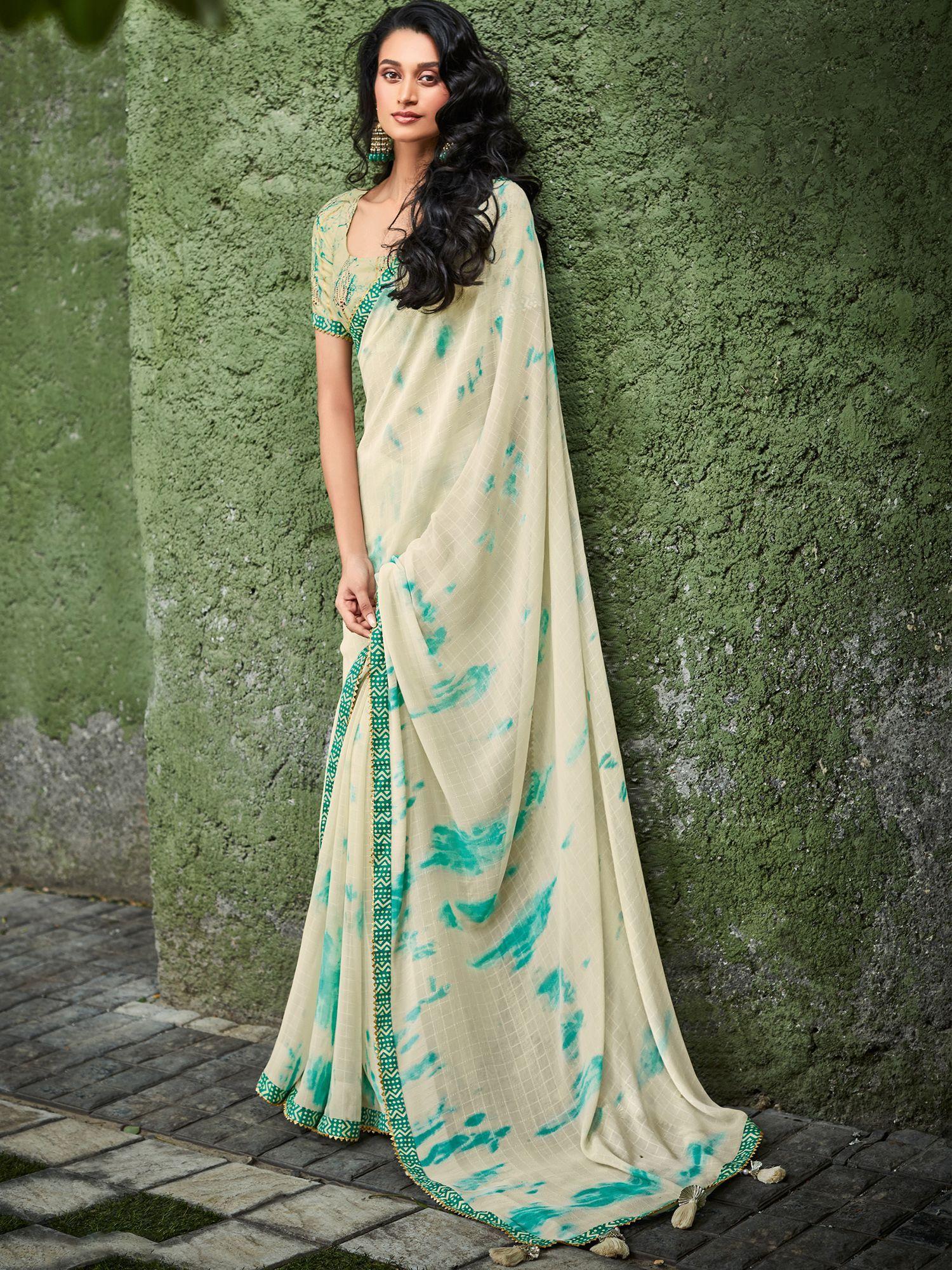 womens georgette off white printed designer saree with unstitched blouse
