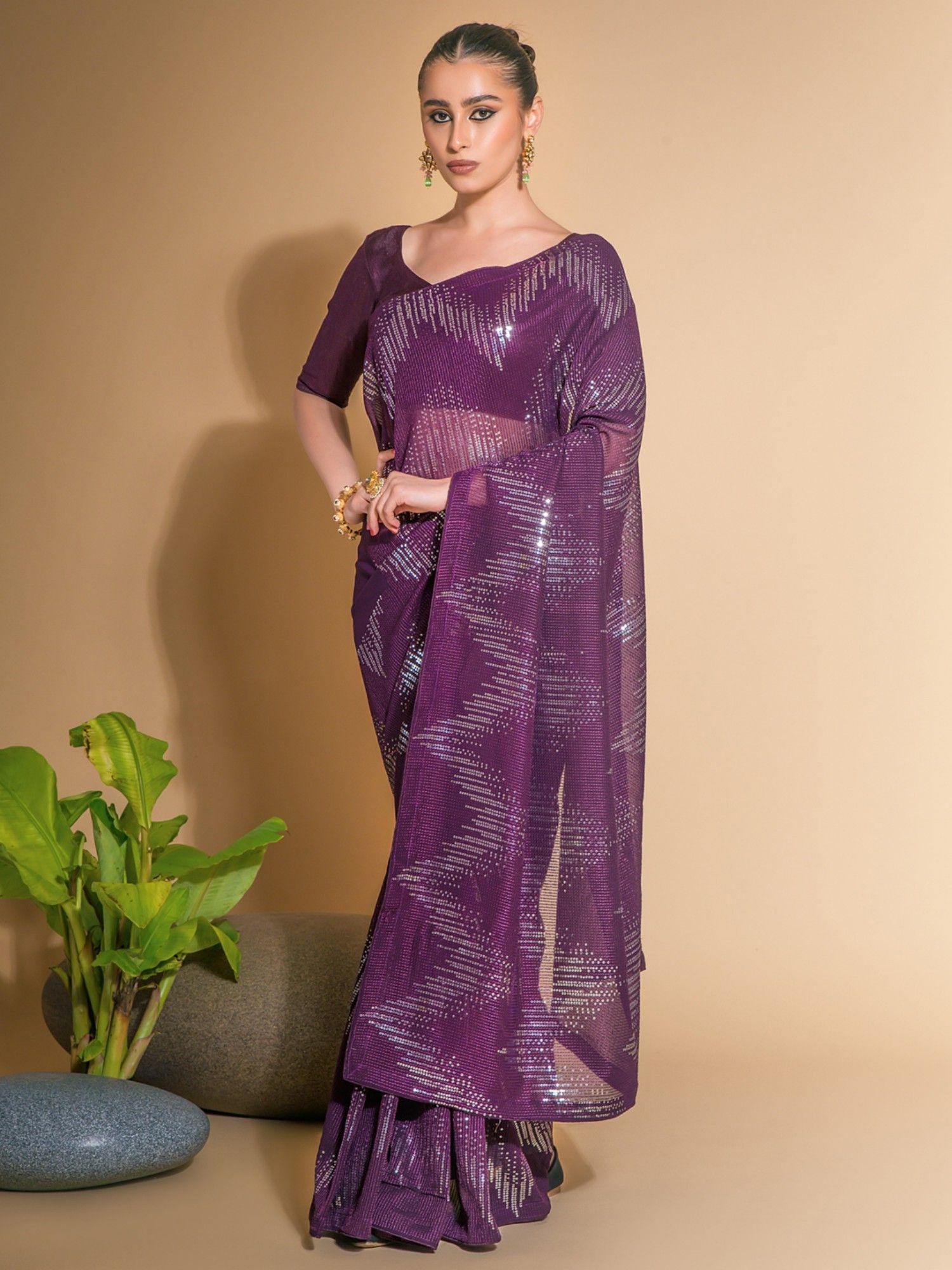 womens georgette purple embellished designer saree with unstitched blouse piece