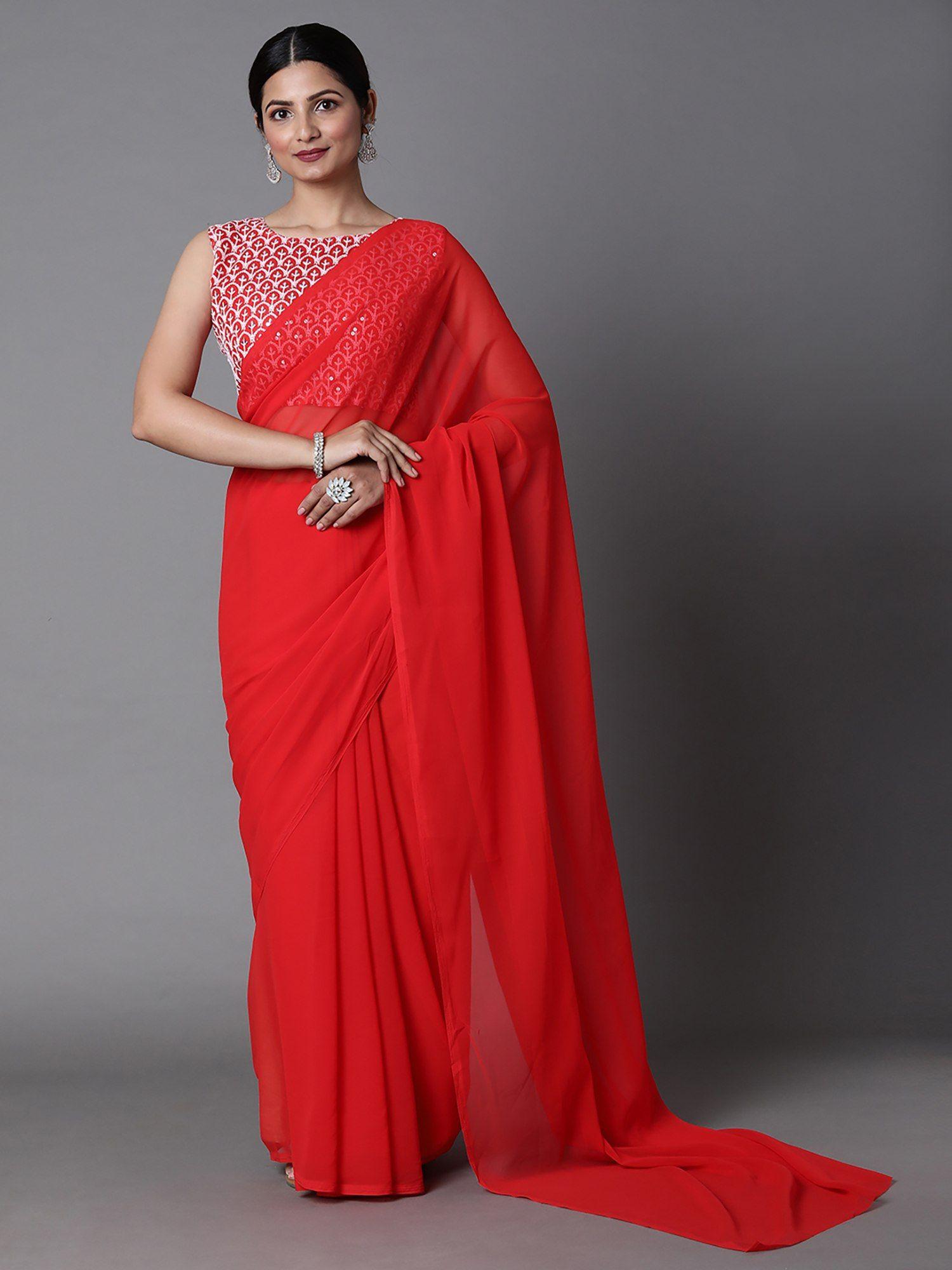 womens georgette red embellished celebrity saree with unstitched blouse