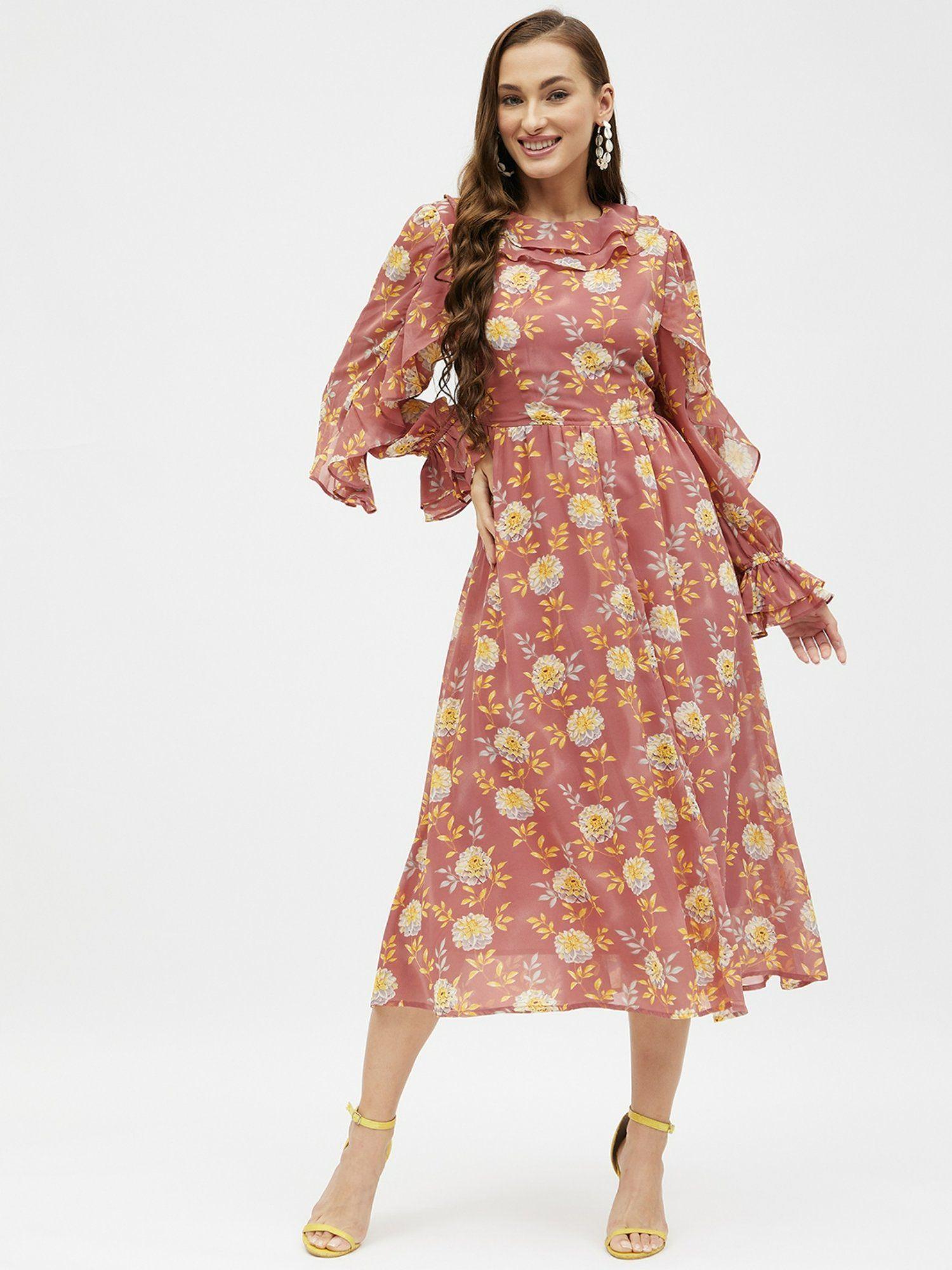 womens georgette ruffle sleeve midi dress